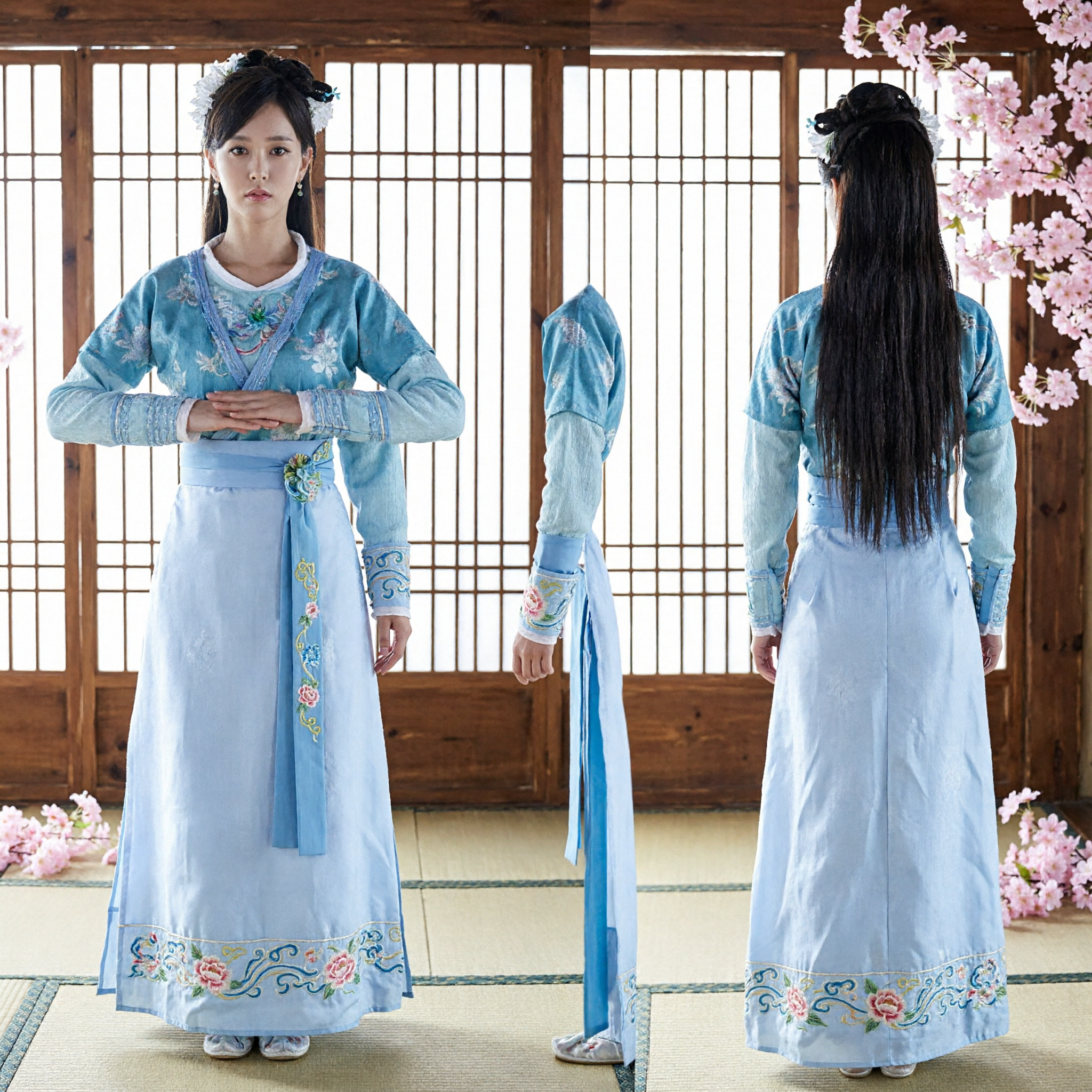 Elegantes traditionelles chinesisches Hanfu Blaues antikes Kostüm für Frauen Wuxia-Cosplay und Bühnenauftritte - Asian Costume