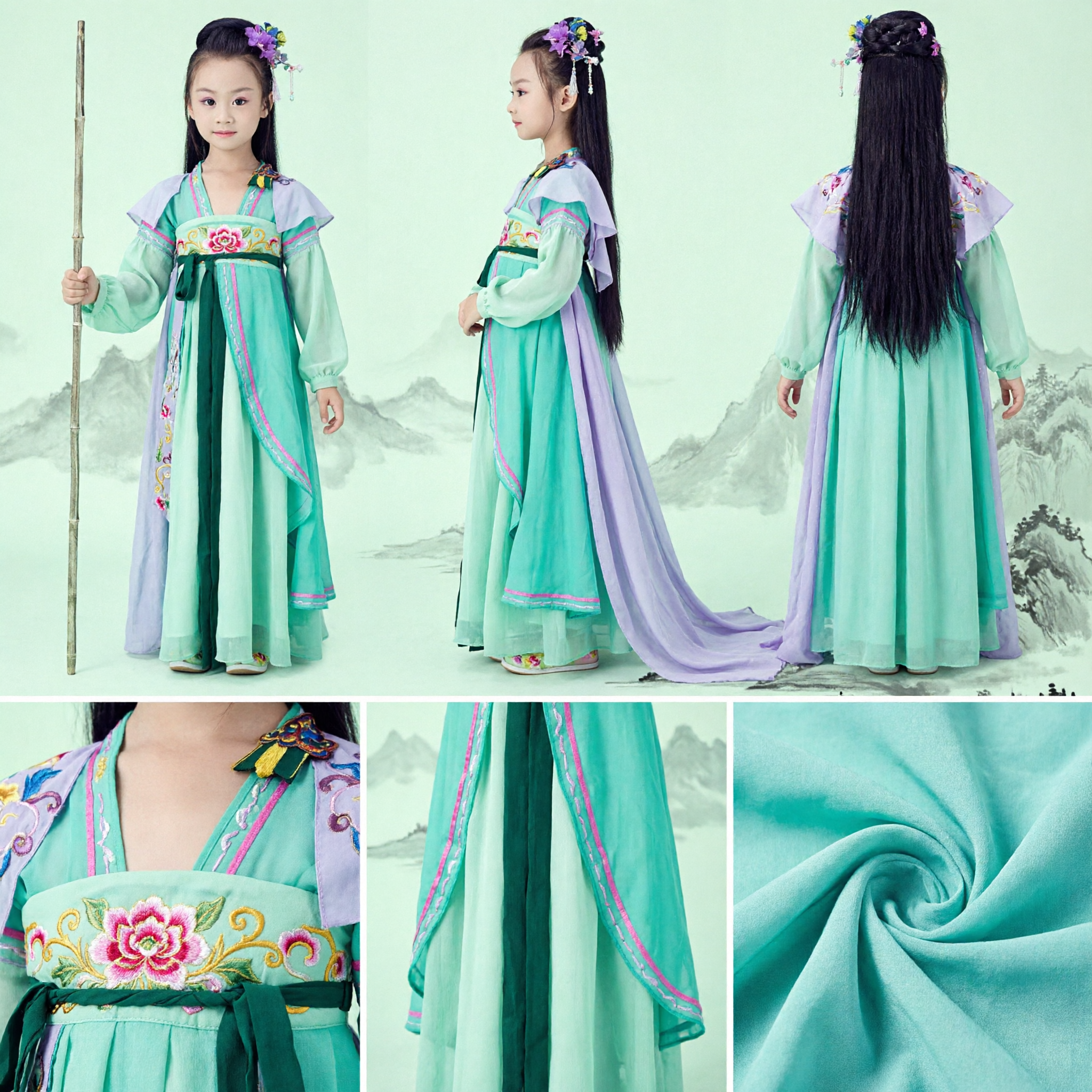 Costume Hanfu Antico Cinese per Bambine Ragazze Abito da Principessa Fata Verde per Spettacoli Teatrali e Cosplay - Asian Costume