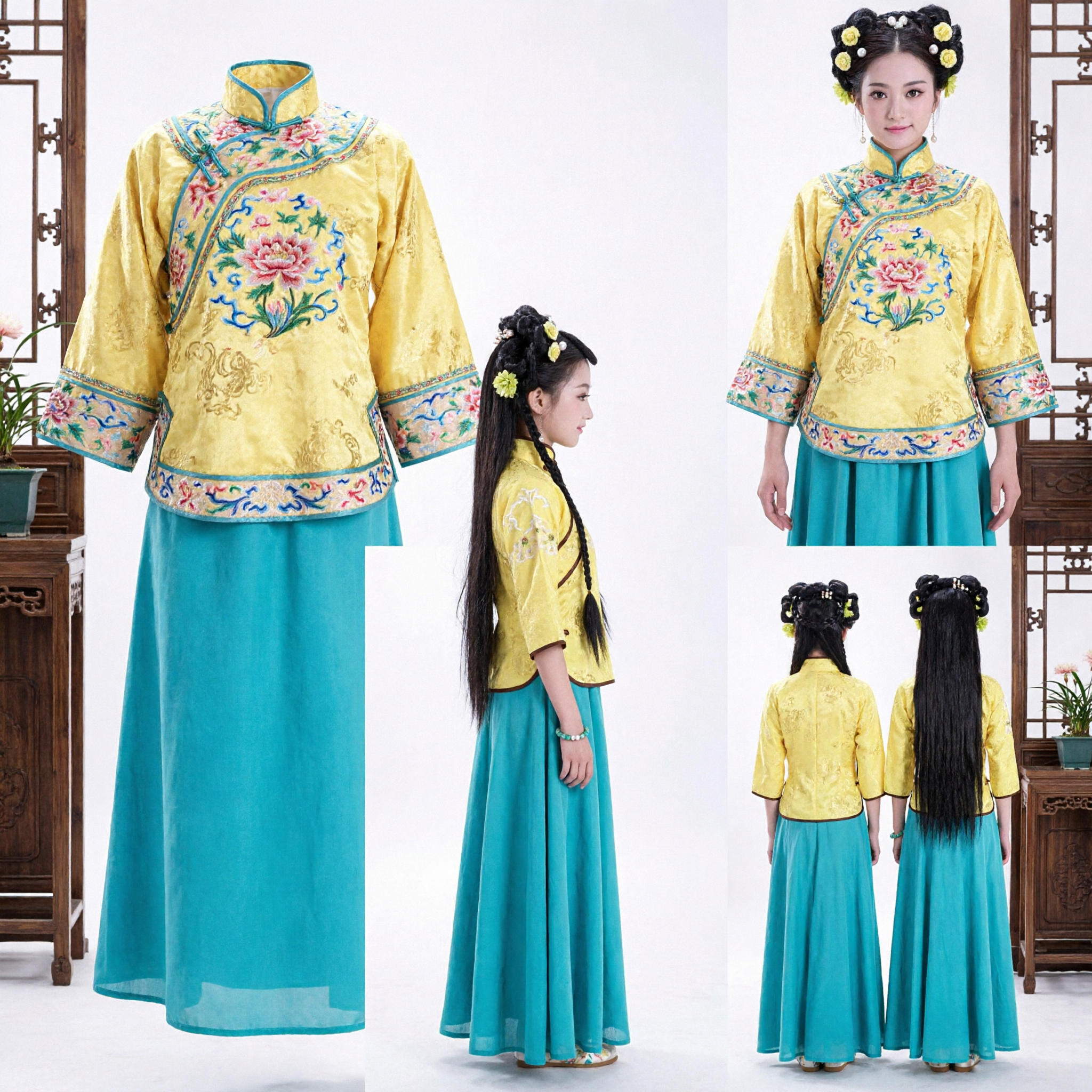 Set tradizionale cinese con top giallo ricamato e gonna verde acqua, costume antico abbinato per madre e figlia per festival - Asian Costume