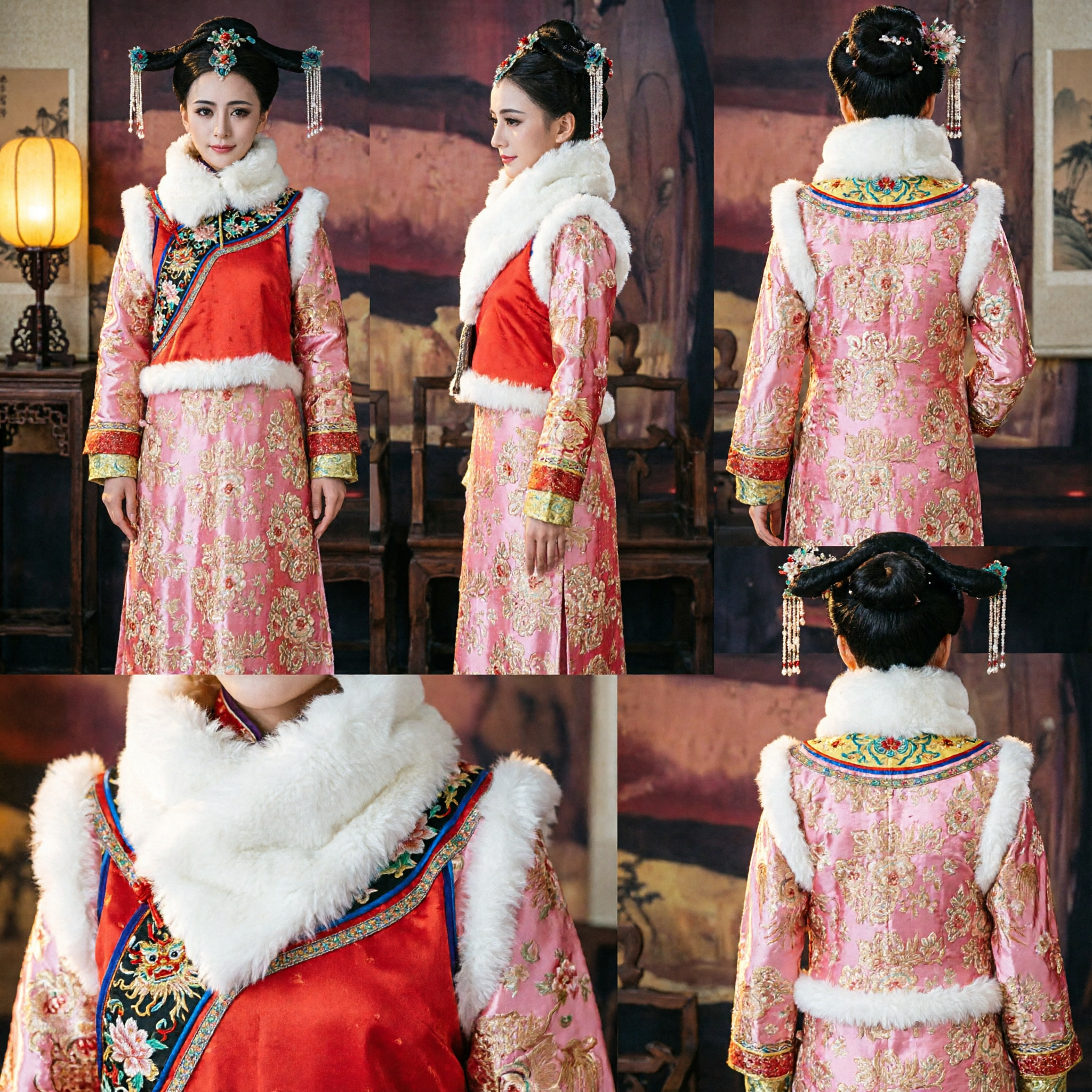 Costume traditionnel chinois d'impératrice de la dynastie Qing, robe Mandchoue rose brodée d'or avec coiffe pour spectacle et cosplay féminin - Asian Costume