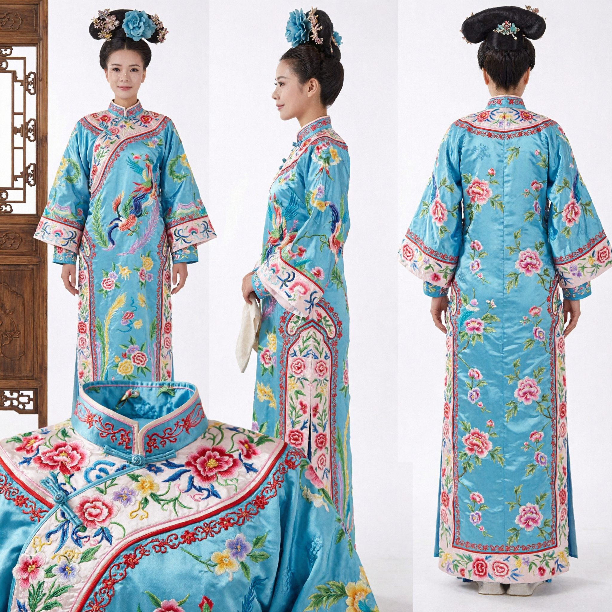 Traje de Princesa de la Dinastía Qing Tradicional Chino Túnica Manchú Bordada Floral Azul para Cosplay de Mujer - Asian Costume