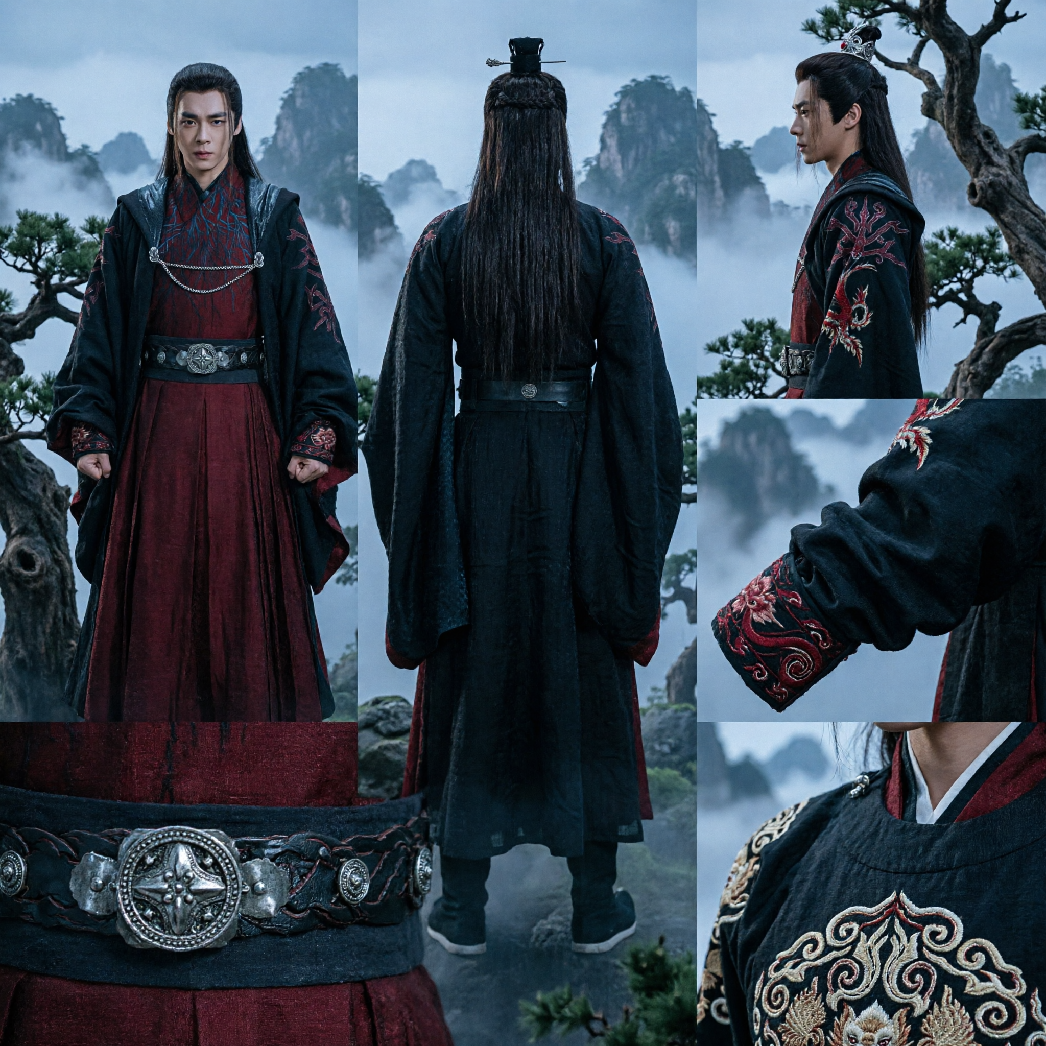 Traje Hanfu de Espadachim Wuxia Antigo Chinês para Homens Fantasia de Aspirações Nobres Roupa de Guerreiro Robe Preto e Vermelho - Asian Costume