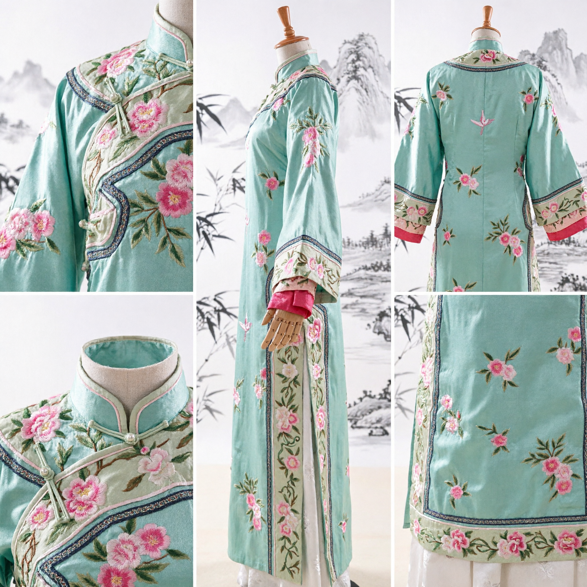 Traje Antiguo Tradicional Chino Túnica Larga Bordada Floral Verde Menta para Actuación de Mujer - Asian Costume