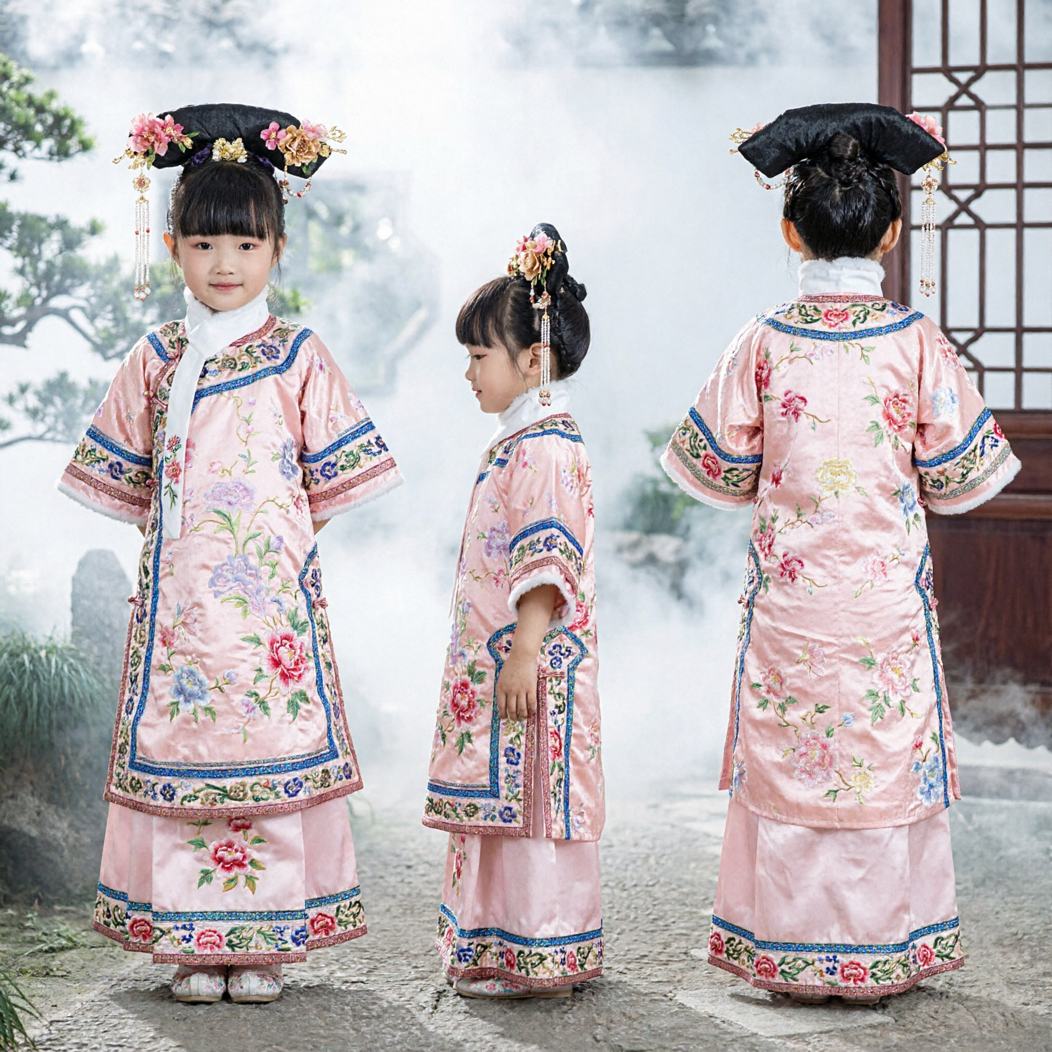 Costume traditionnel chinois de princesse Mandchoue de la dynastie Qing pour enfants filles, ensemble robe brodée et coiffe pour spectacle - Asian Costume