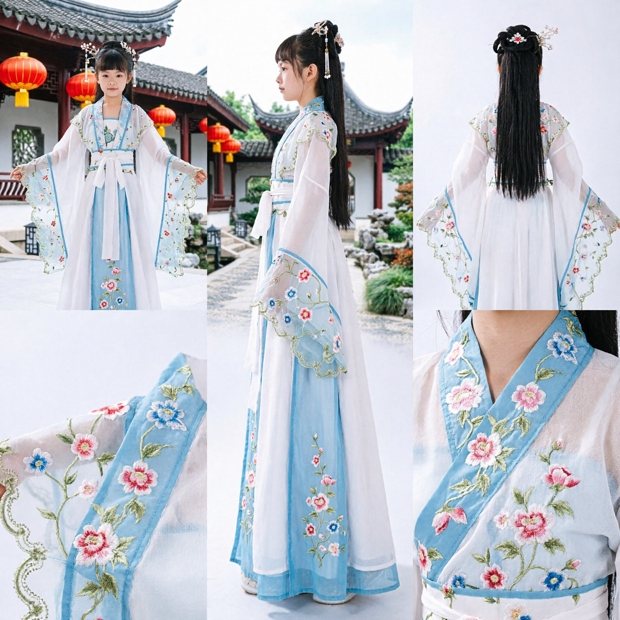 전통 중국 한푸 의상 여아 고대 공주 선녀 드레스 청색 꽃 공연 복장 - Asian Costume