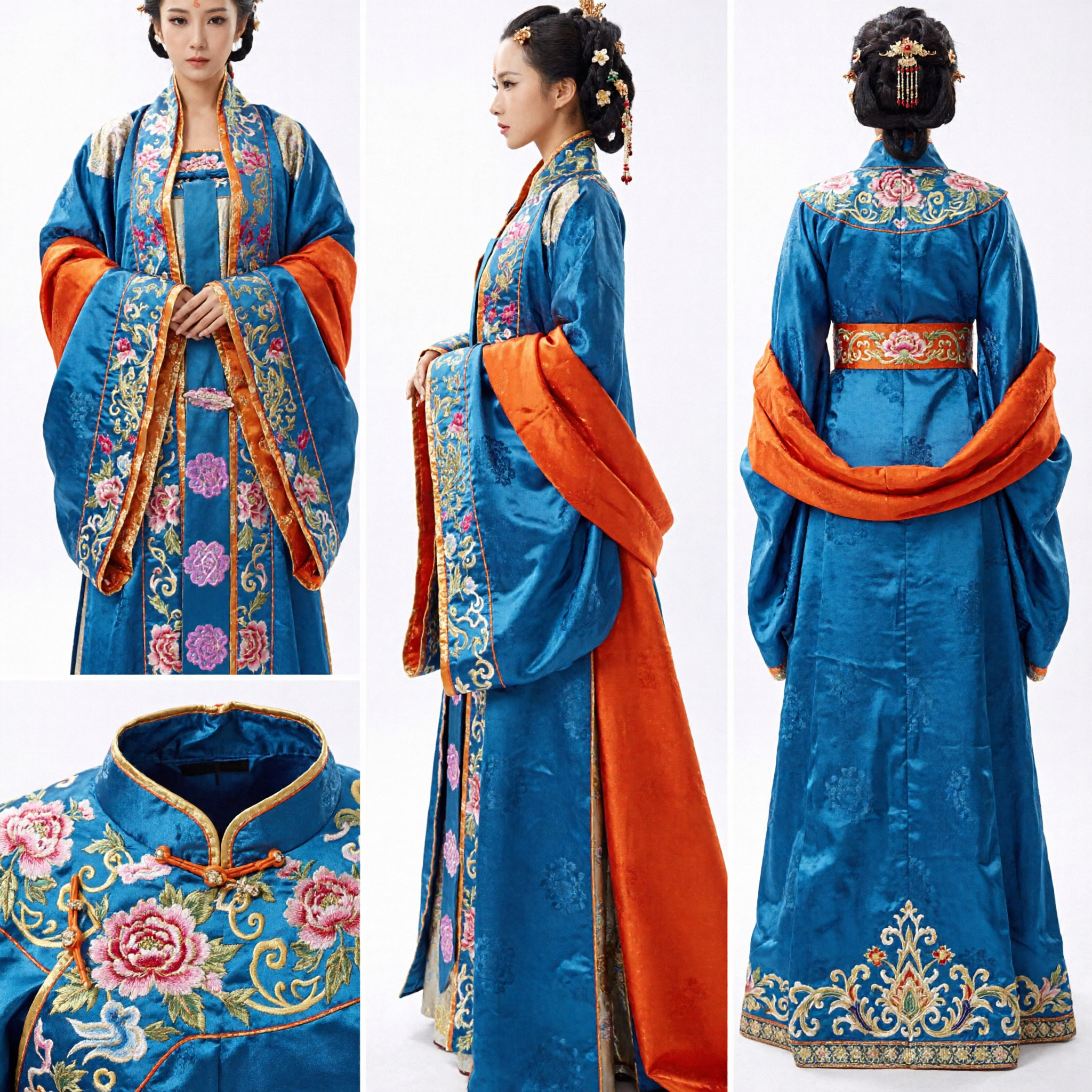 Costume Hanfu d'impératrice chinoise ancienne traditionnelle, robe bleue et rouge de la dynastie Tang pour femmes - Asian Costume