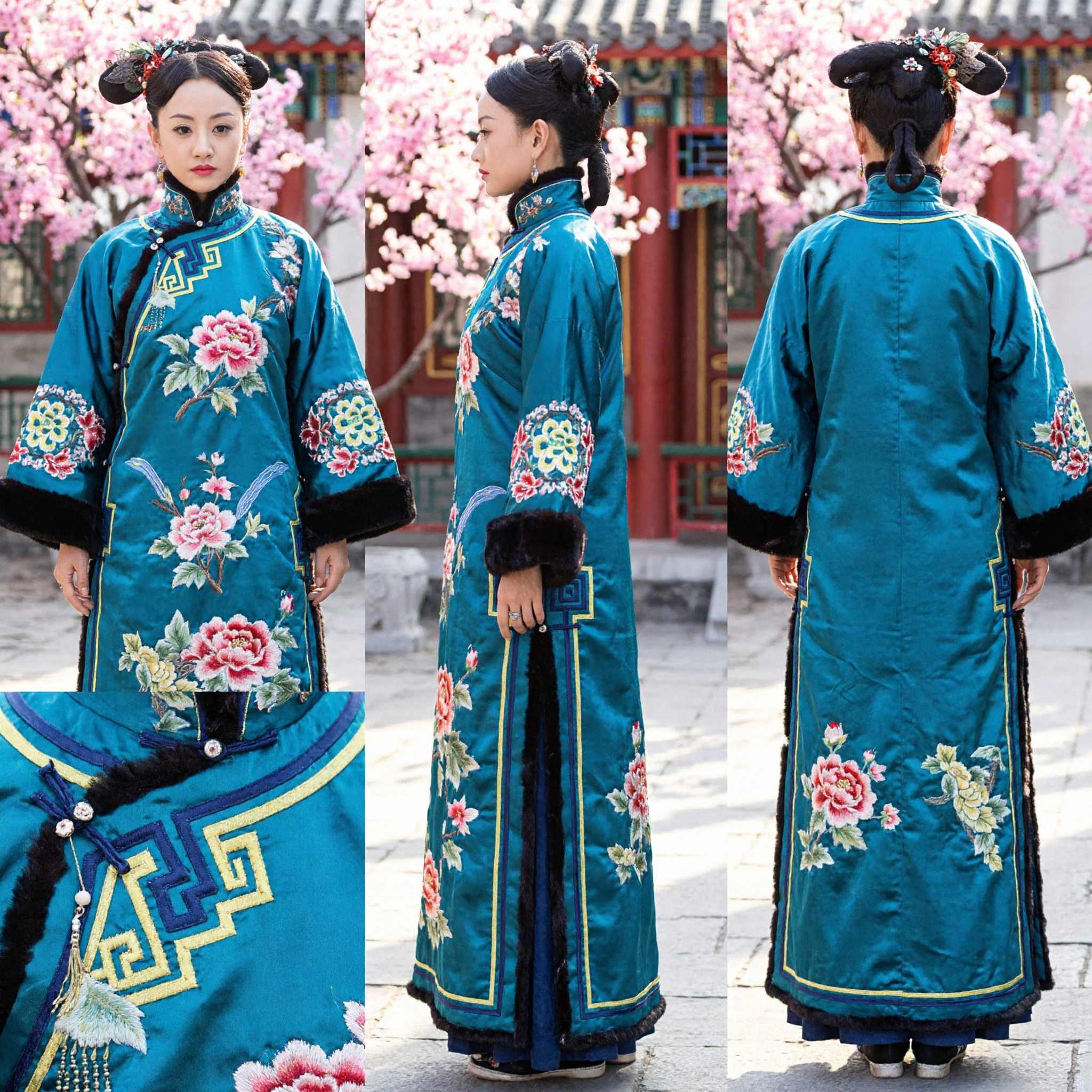Traditional Chinese Qing Dynasty Manchu Princess Embroidered Teal Robe Ancient Costume for Women Cosplay Photography - Asian Costume