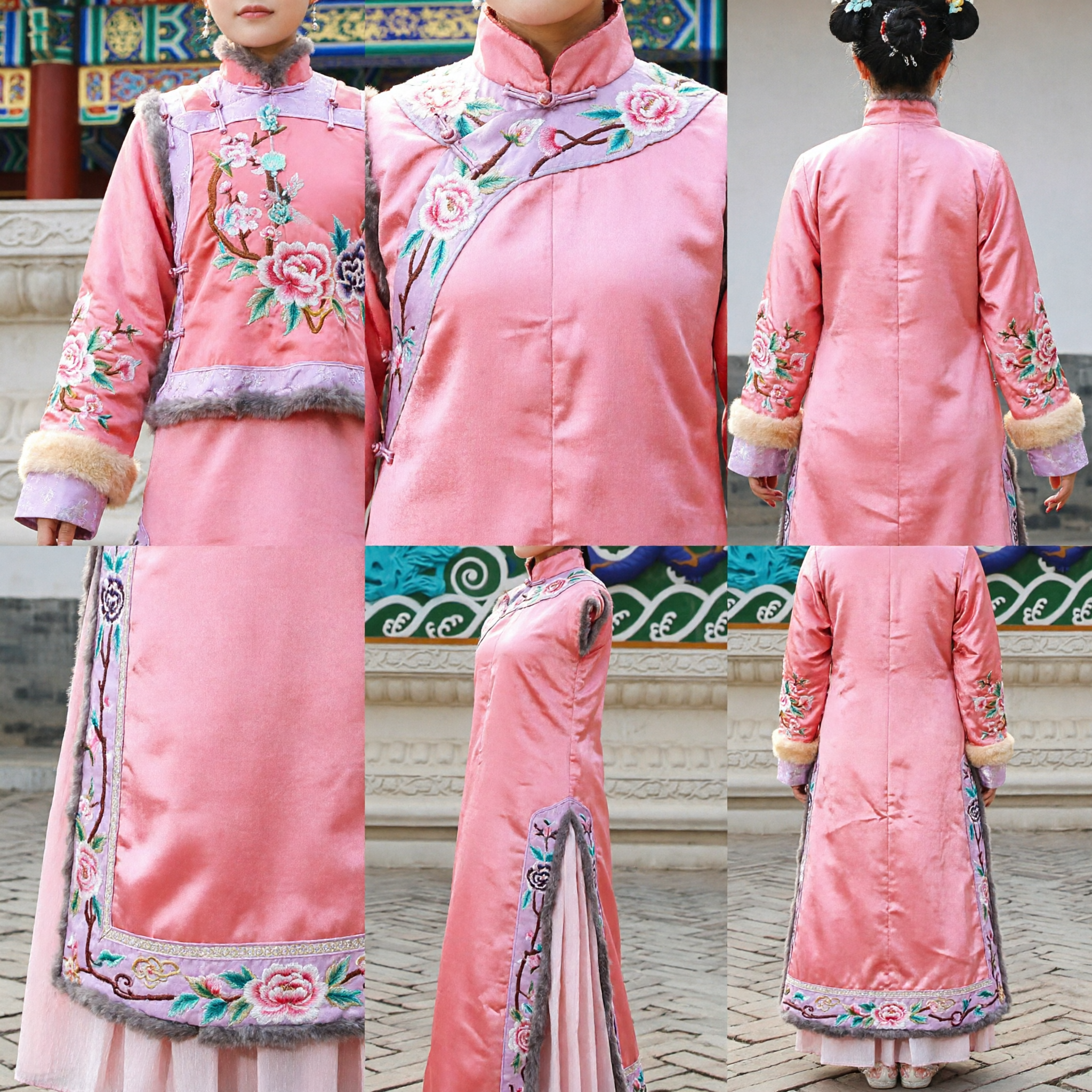 زي القصر الوردي التقليدي من عهد أسرة تشينغ الصينية - تشيباو مانشو مطرز للتنكر في الدراما التاريخية النسائية - Asian Costume