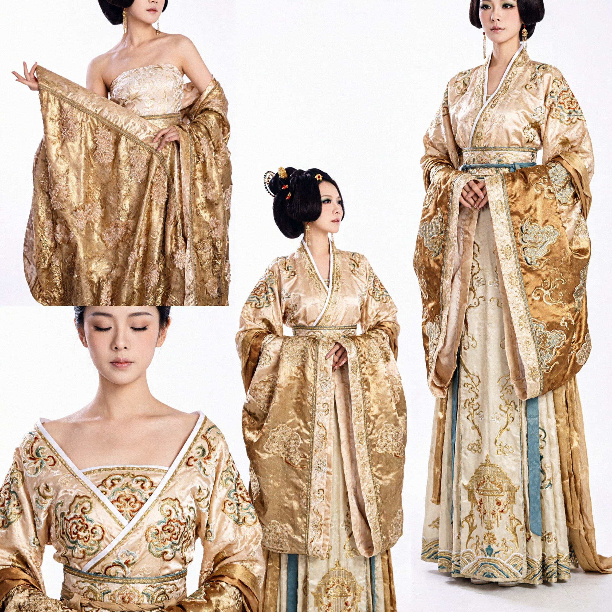 Antikes chinesisches Tang-Dynastie-Palastdamen-Gold-Hanfu-Kleid Traditionelles Kaiserinnen-Kostüm für Frauen - Asian Costume