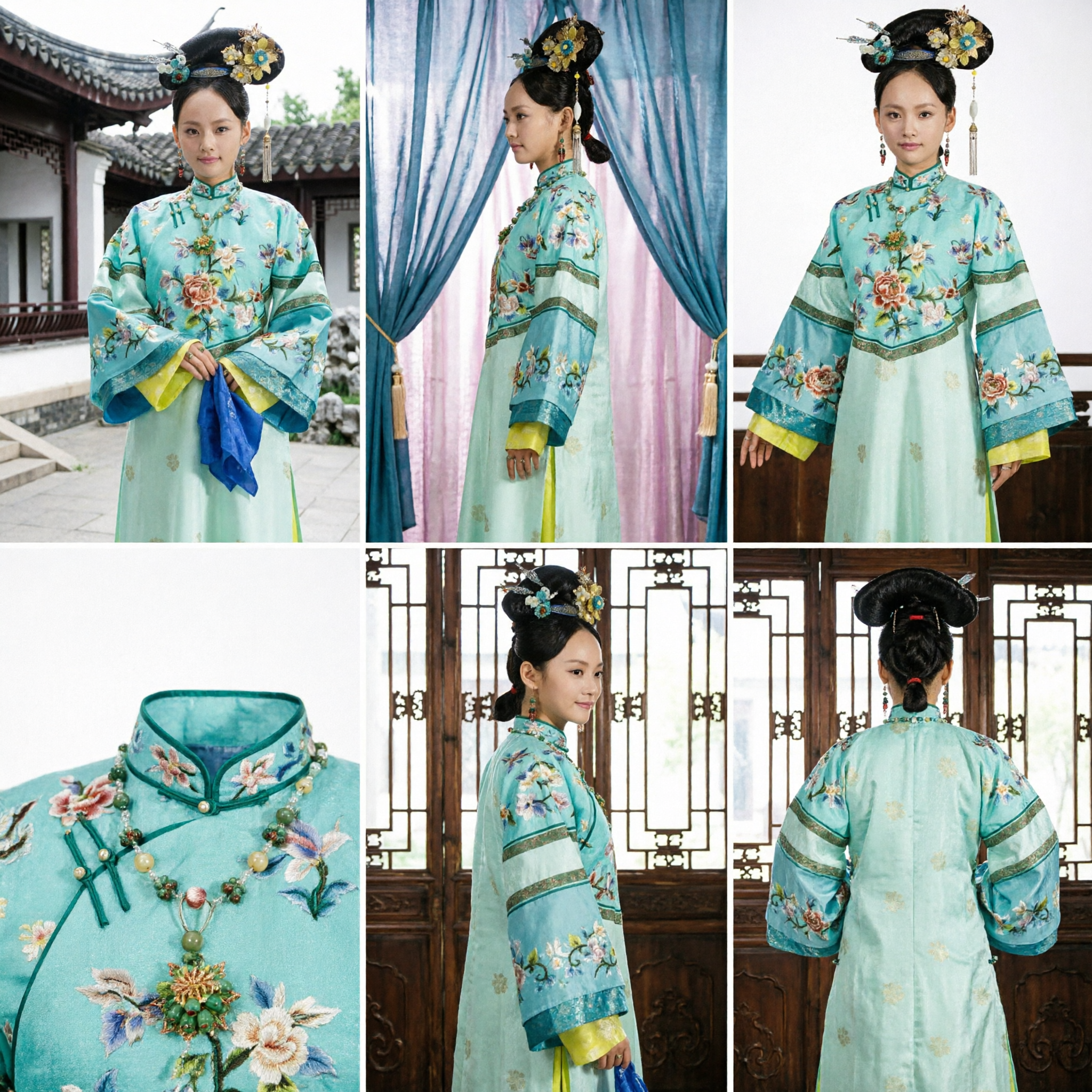 Traje de Princesa Manchú de la Dinastía Qing Tradicional China, Túnica Azul con Bordado Floral para Cosplay Femenino - Asian Costume