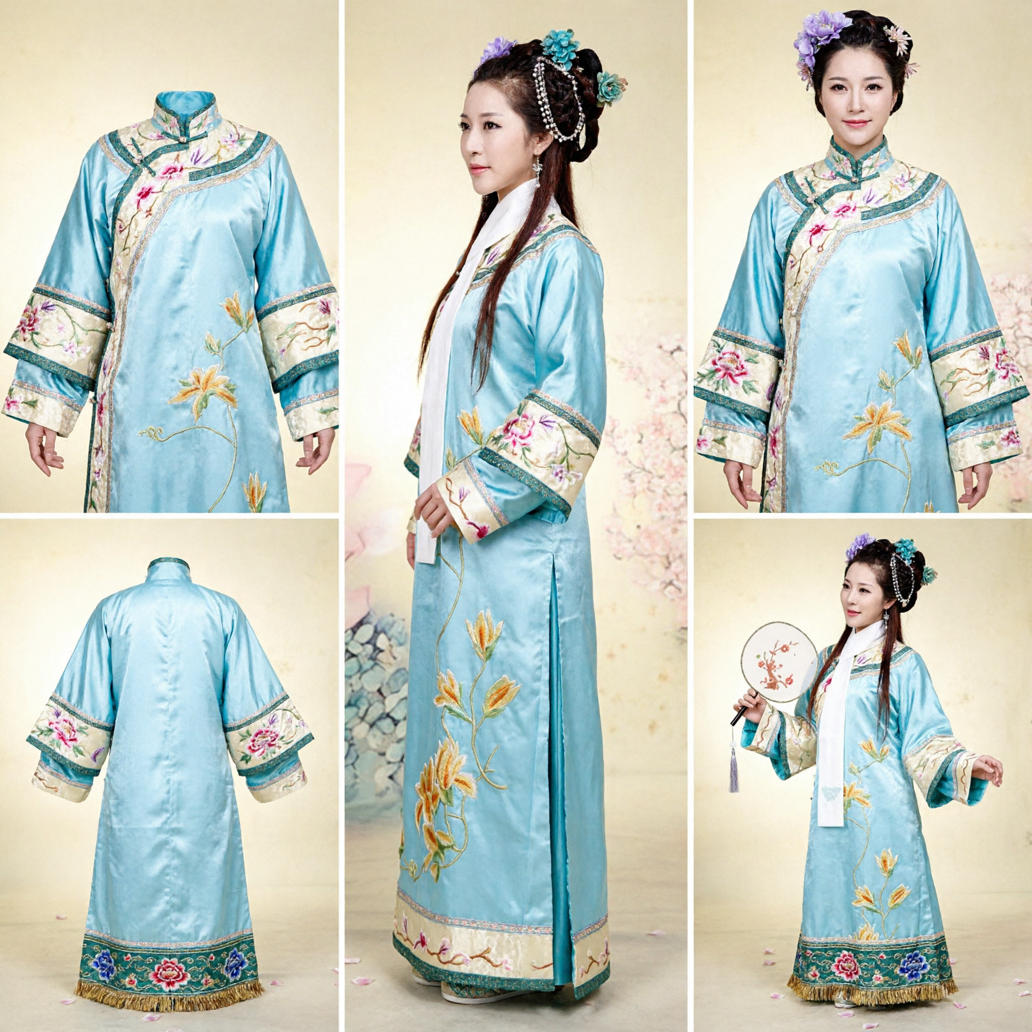 Traditioneel Chinees Oud Blauw Geborduurd Gewaad, Qing-dynastie Prinsessenkostuum voor Vrouwen Podiumoptredens - Asian Costume
