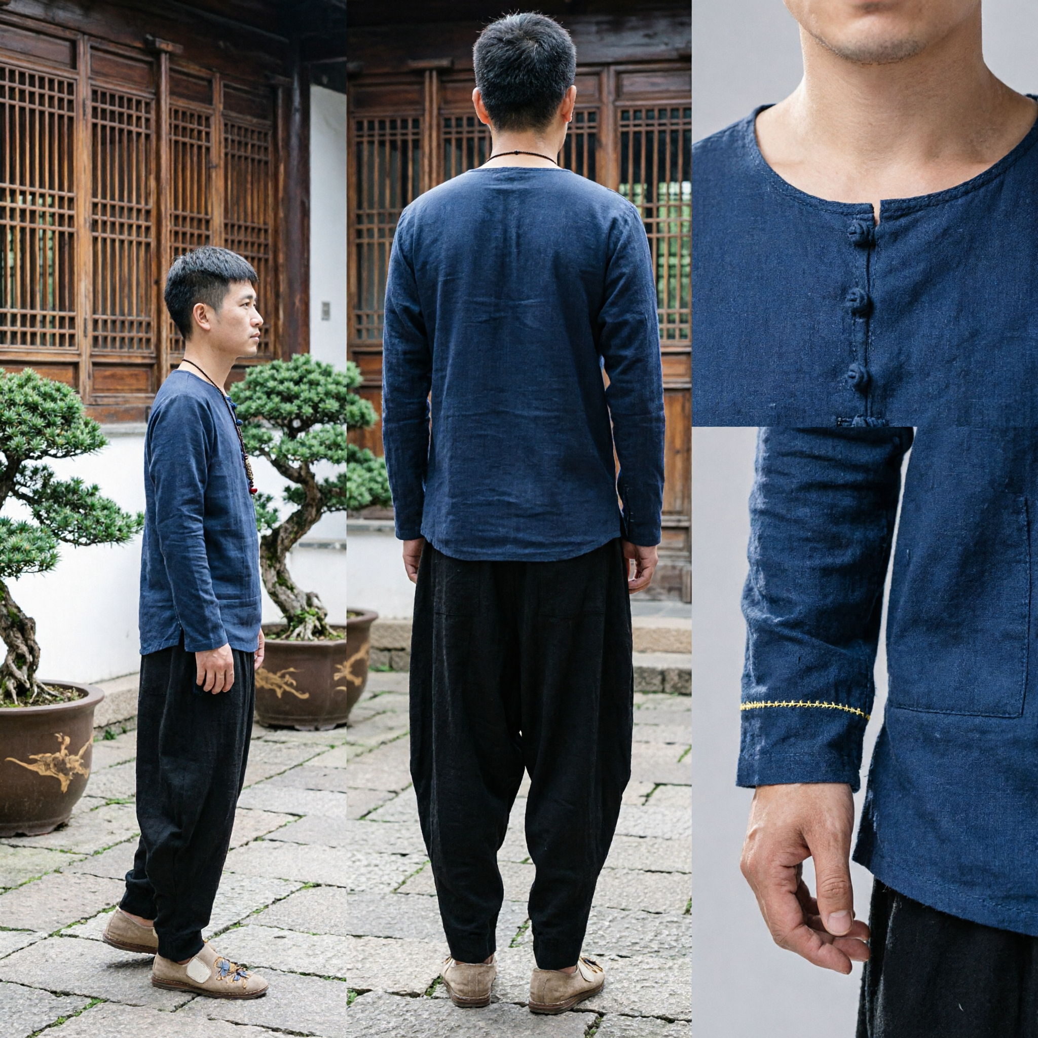 Heren Traditioneel Chinese Tai Chi-pak, Blauw Linnen Henley Top en Wijde Zwarte Kung Fu Broek - Asian Costume