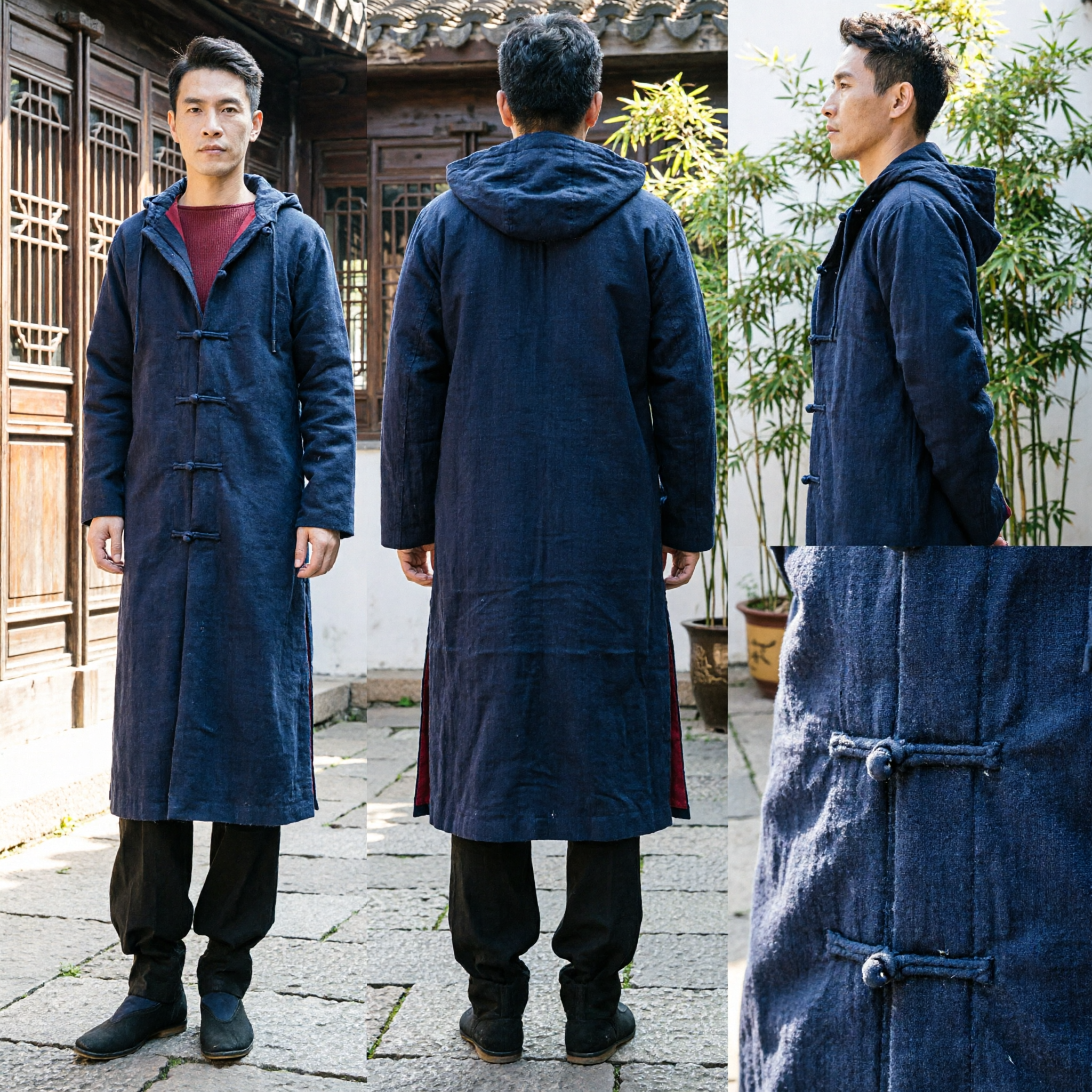 معطف تانغ سويت صيني تقليدي طويل للرجال - سترة خارجية دافئة شتوية مع قلنسوة لملابس الكونغ فو والزن العادية - Asian Costume