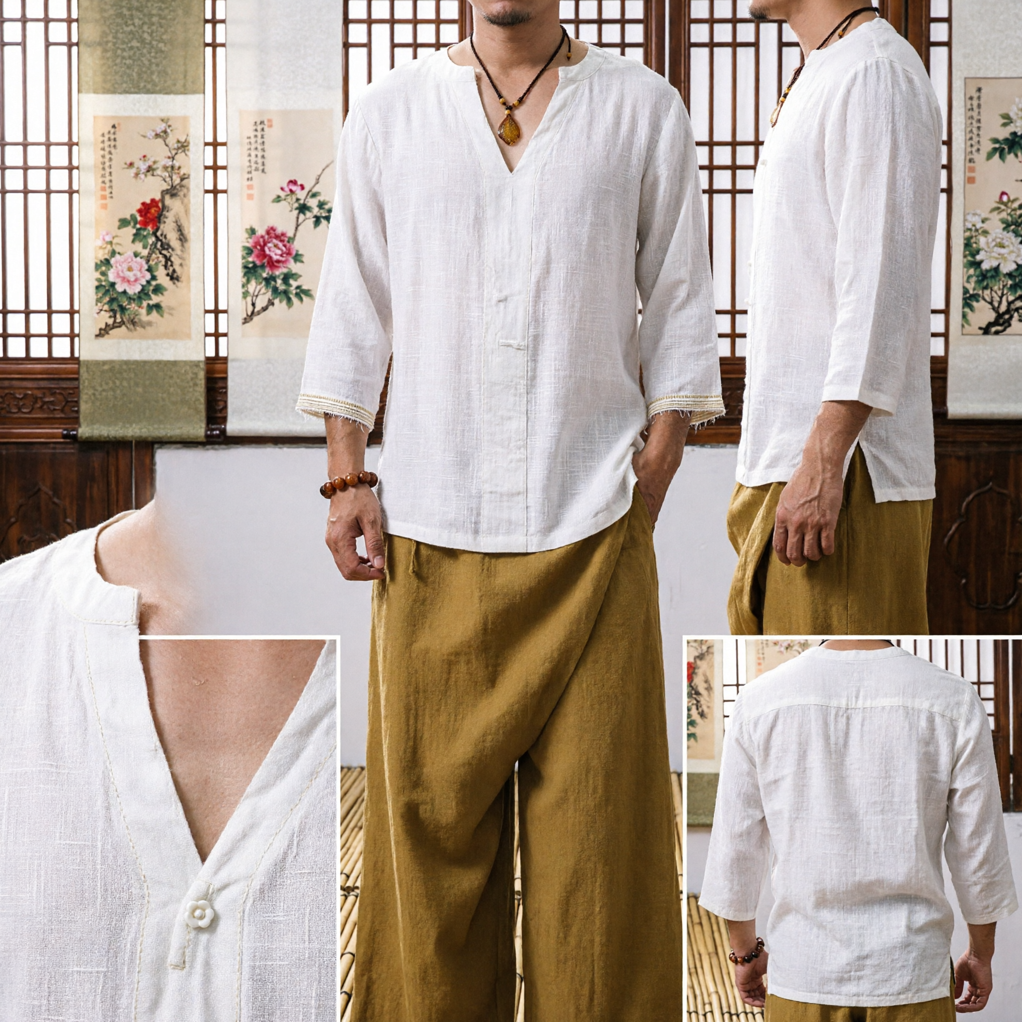 Heren Traditioneel Chinese Witte Linnen Shirt, V-hals Kung Fu Tai Chi Zen Casual Top - Asian Costume