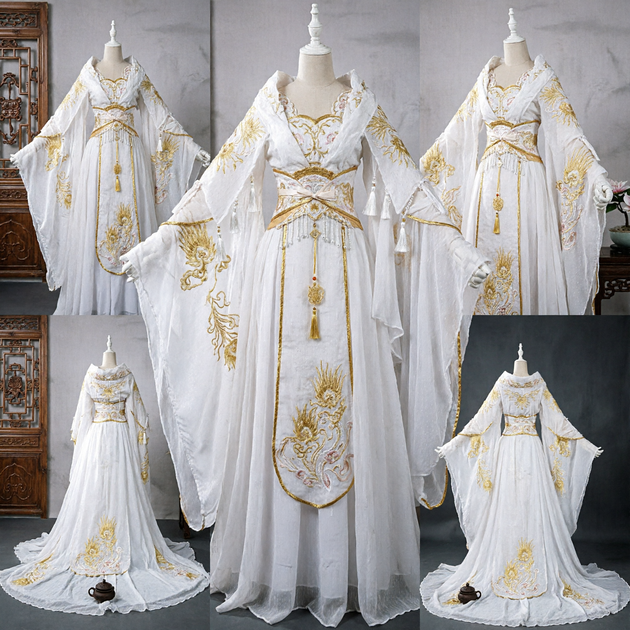 Elegante Hanfu Blanco Vestido Tradicional Chino Antiguo de Hada con Bordado Dorado para Representación de Cosplay de Mujer - Asian Costume