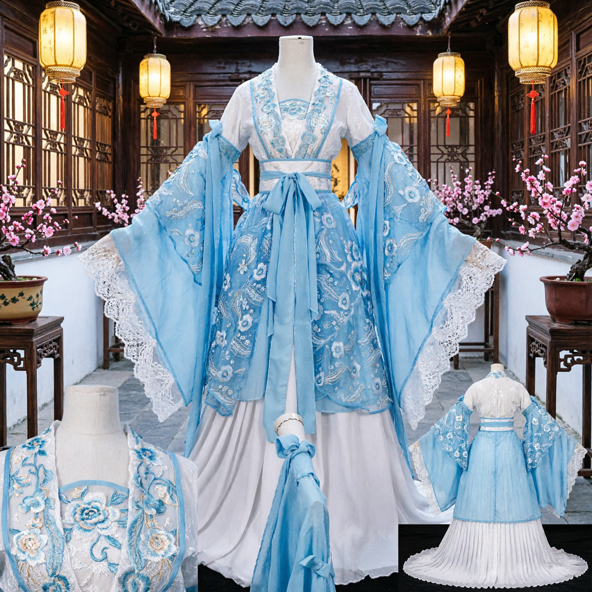Hanfu Tradizionale Cinese Floreale Blu, Costume Antico, Elegante Vestito da Fata per Donne, Cosplay e Performance - Asian Costume
