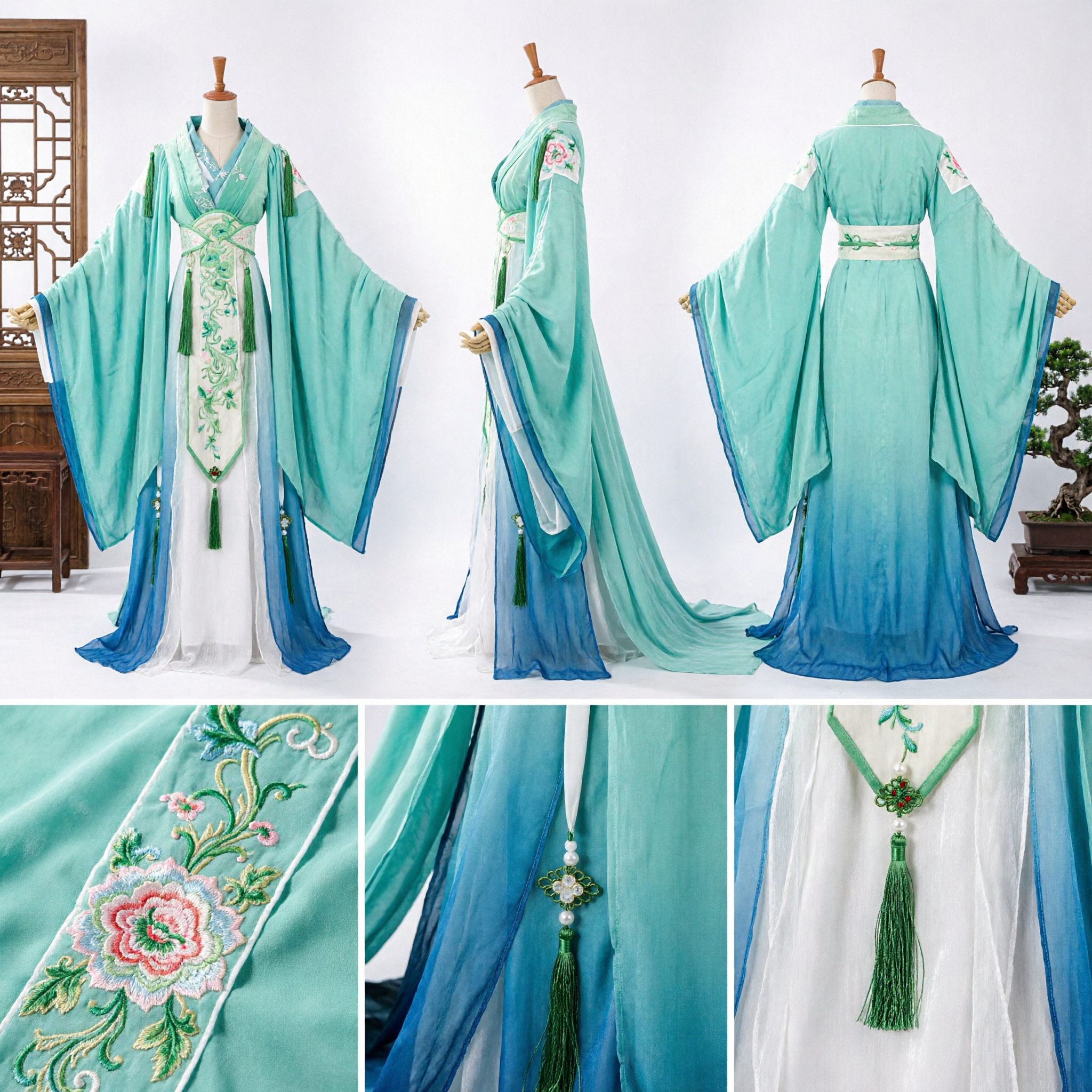 Traditioneel Chinees Hanfu Kostuum Vrouwen Oud Feejurk Blauwgroen Xianxia Cosplay Geborduurd Gewaad voor Fotografie - Asian Costume