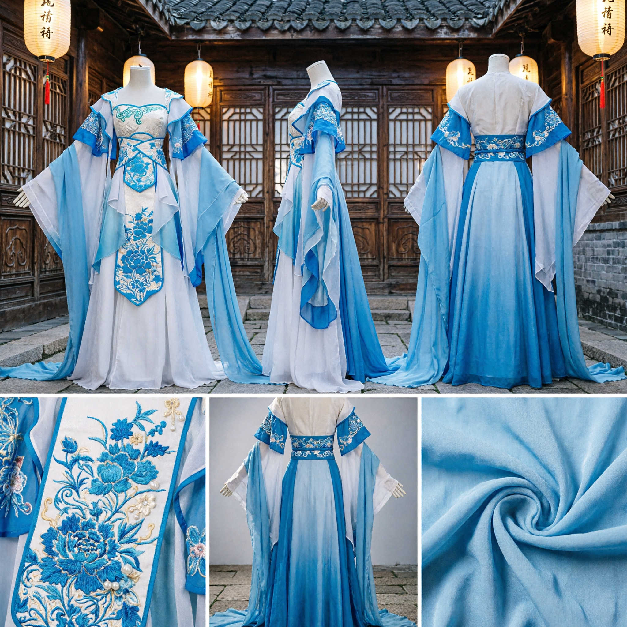 Hanfu Cinese Elegante Blu e Bianco Costume da Principessa Fata Dinastia Tang Tradizionale per Donna Spettacolo - Asian Costume