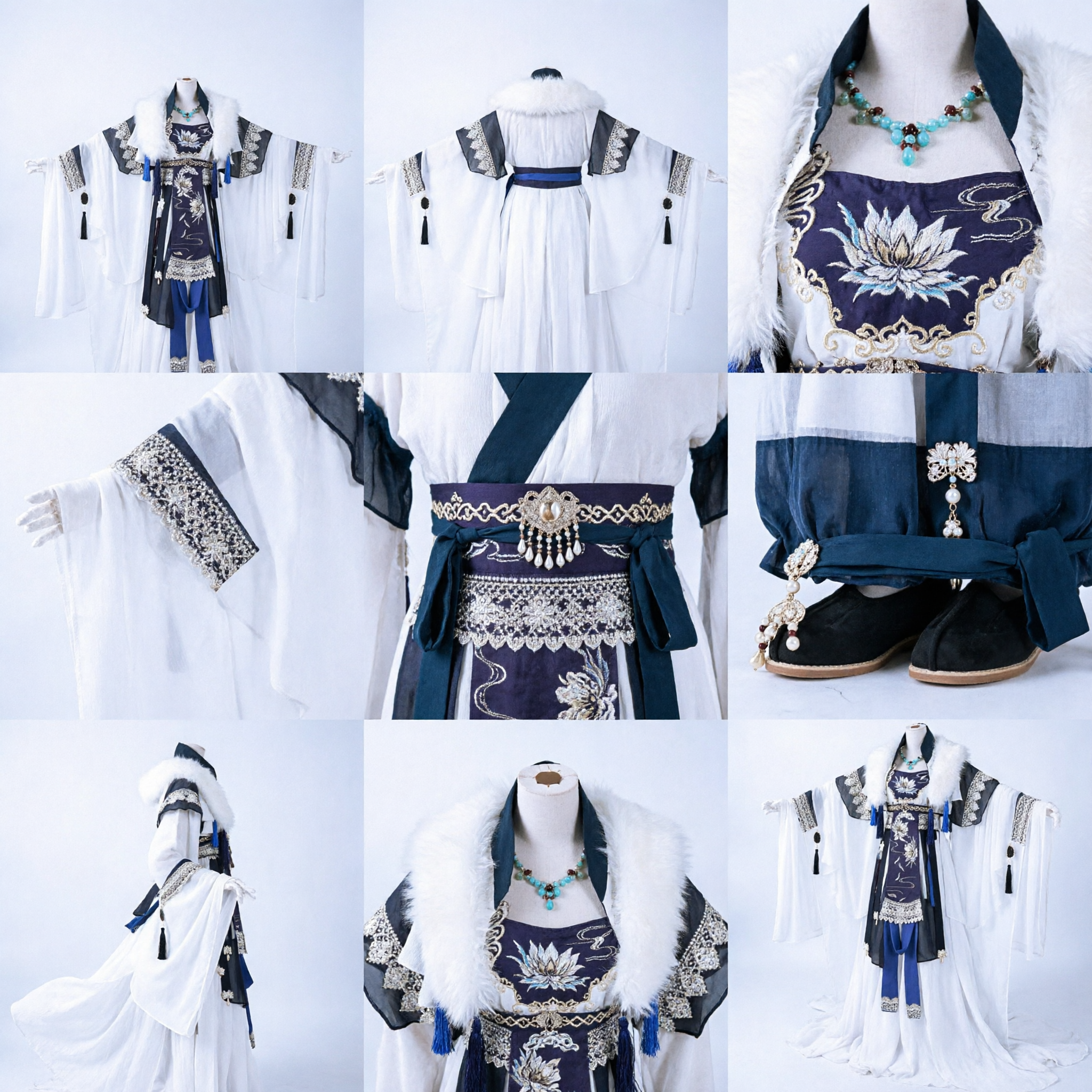 전통 중국 한푸 겨울 복장 파란색 꽃 자수 드레스 흰색 털 칼라 망토 여성용 - Asian Costume