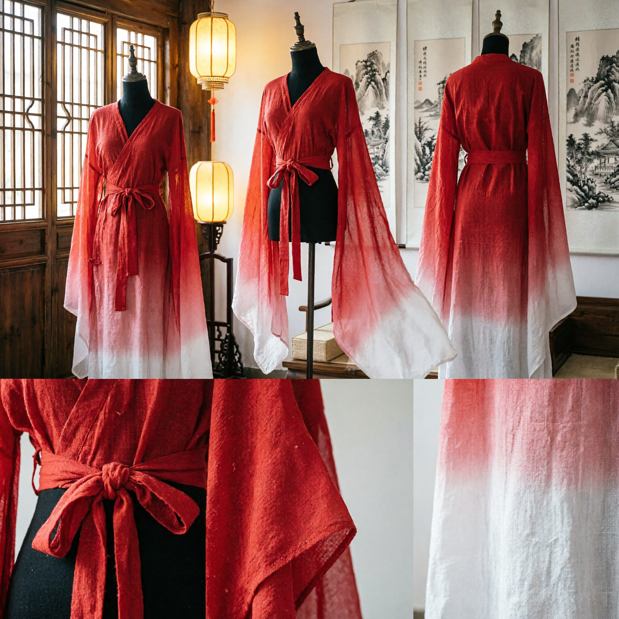 Acessório de Traje de Dança Clássica Chinesa, 'Mangas de Água' em Gradiente Vermelho para Branco, Acessório Tradicional Hanfu para Mulheres - Asian Costume