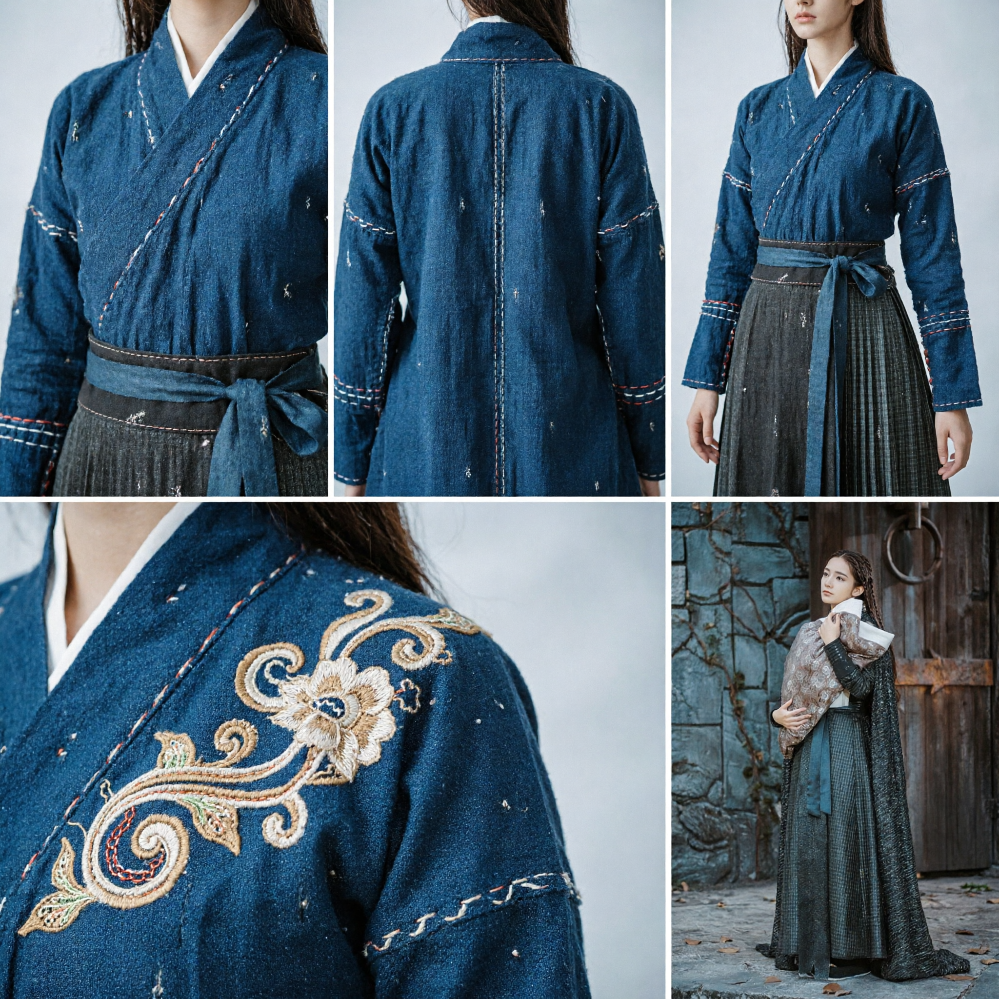 Antikes chinesisches historisches Hanfu-Kostümset für Frauen mit dunklem strukturiertem Umhang und Rock für Cosplay und Fotografie - Asian Costume