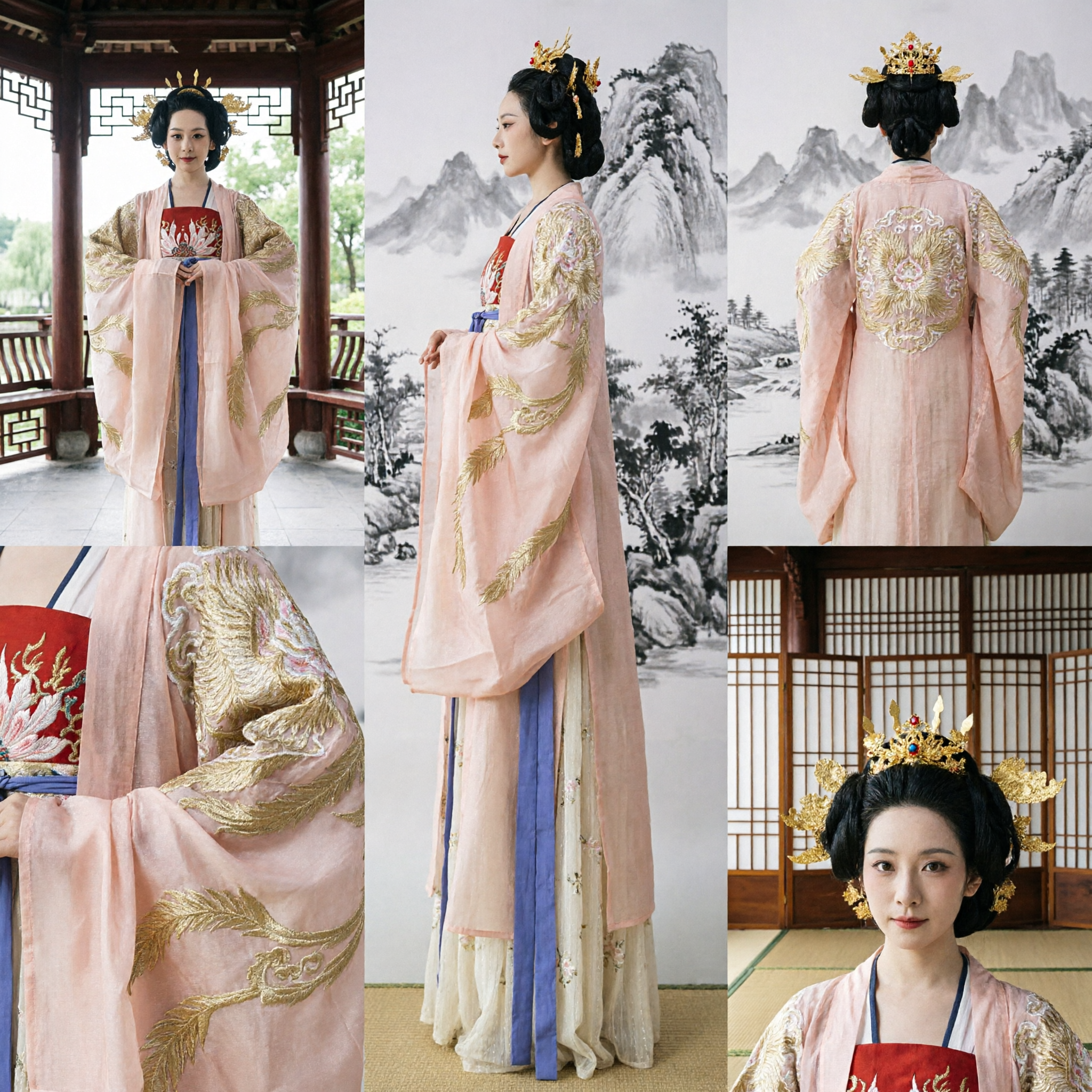 Elegantes traditionelles chinesisches Hanfu-Kostüm der Tang-Dynastie Rosafarbenes goldbesticktes Palastdamenkleid für Frauen - Asian Costume