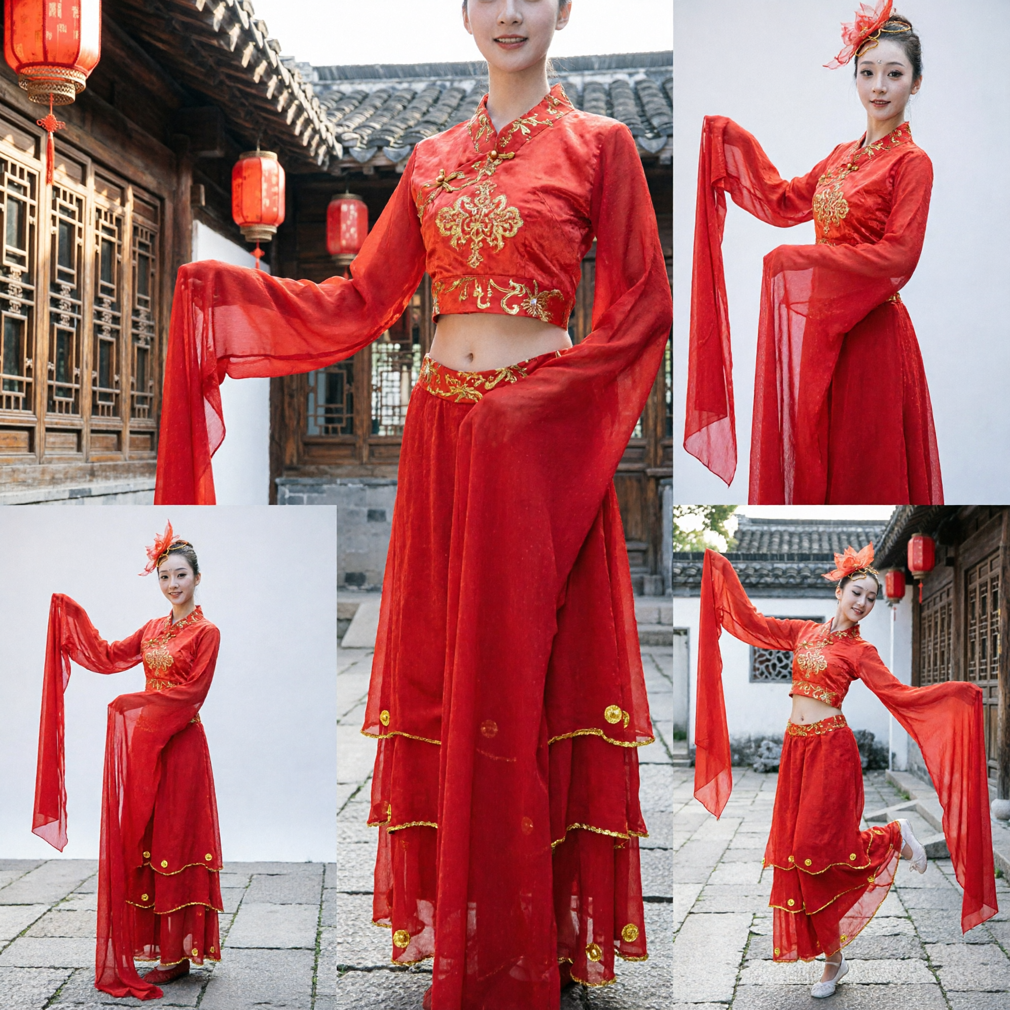 Women's Red Chinese Folk Dance Costume with Long Water Sleeves Classical Yangge Stage Performance Set - Asian Costume