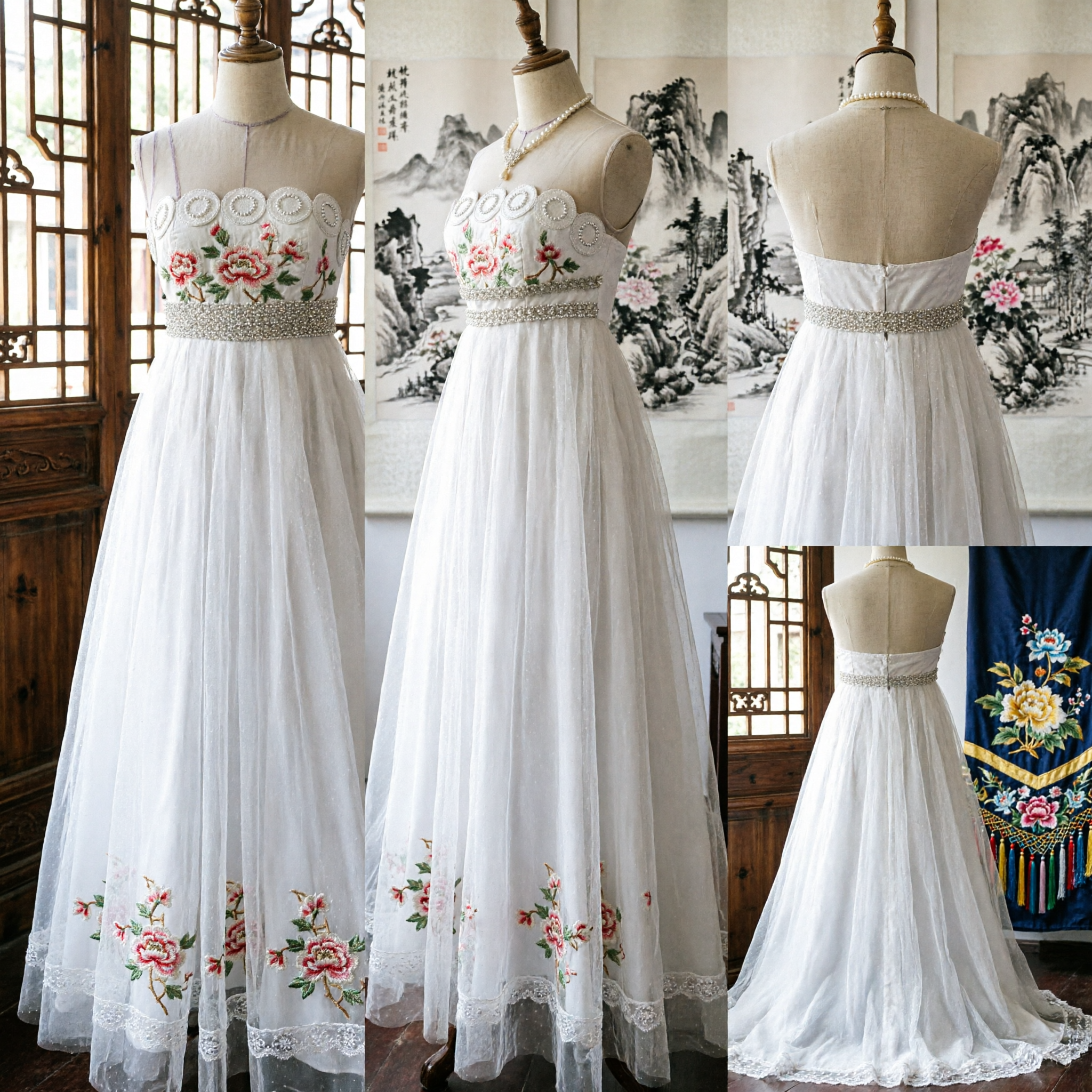 Elegantes weißes trägerloses Brautkleid mit besticktem Mieder und fließendem Chiffonrock für Hochzeits- oder festliche Anlässe - Asian Costume