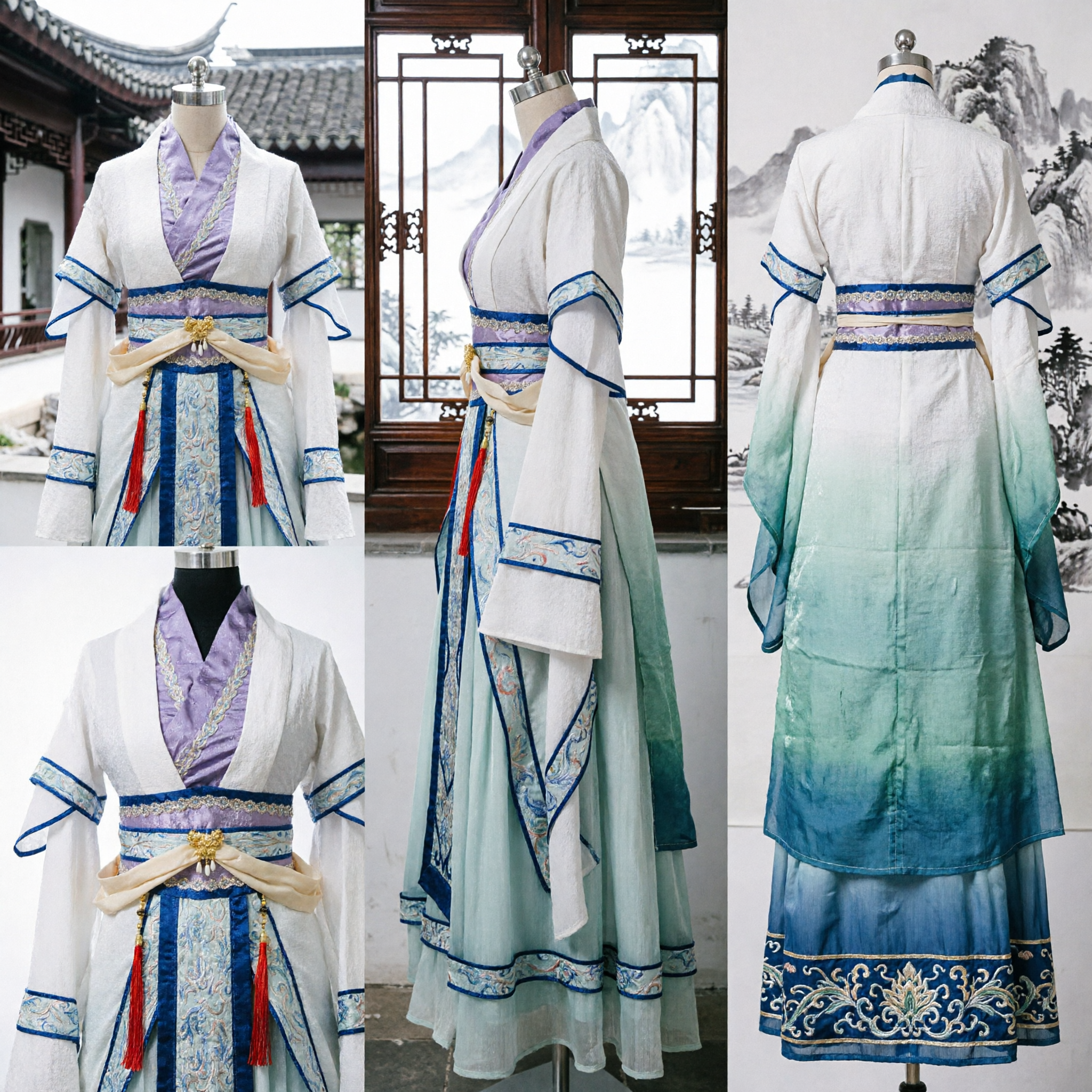 Costume ancien Hanfu chinois traditionnel pour femmes, robe élégante blanche et bleue brodée pour cosplay et spectacle sur scène - Asian Costume