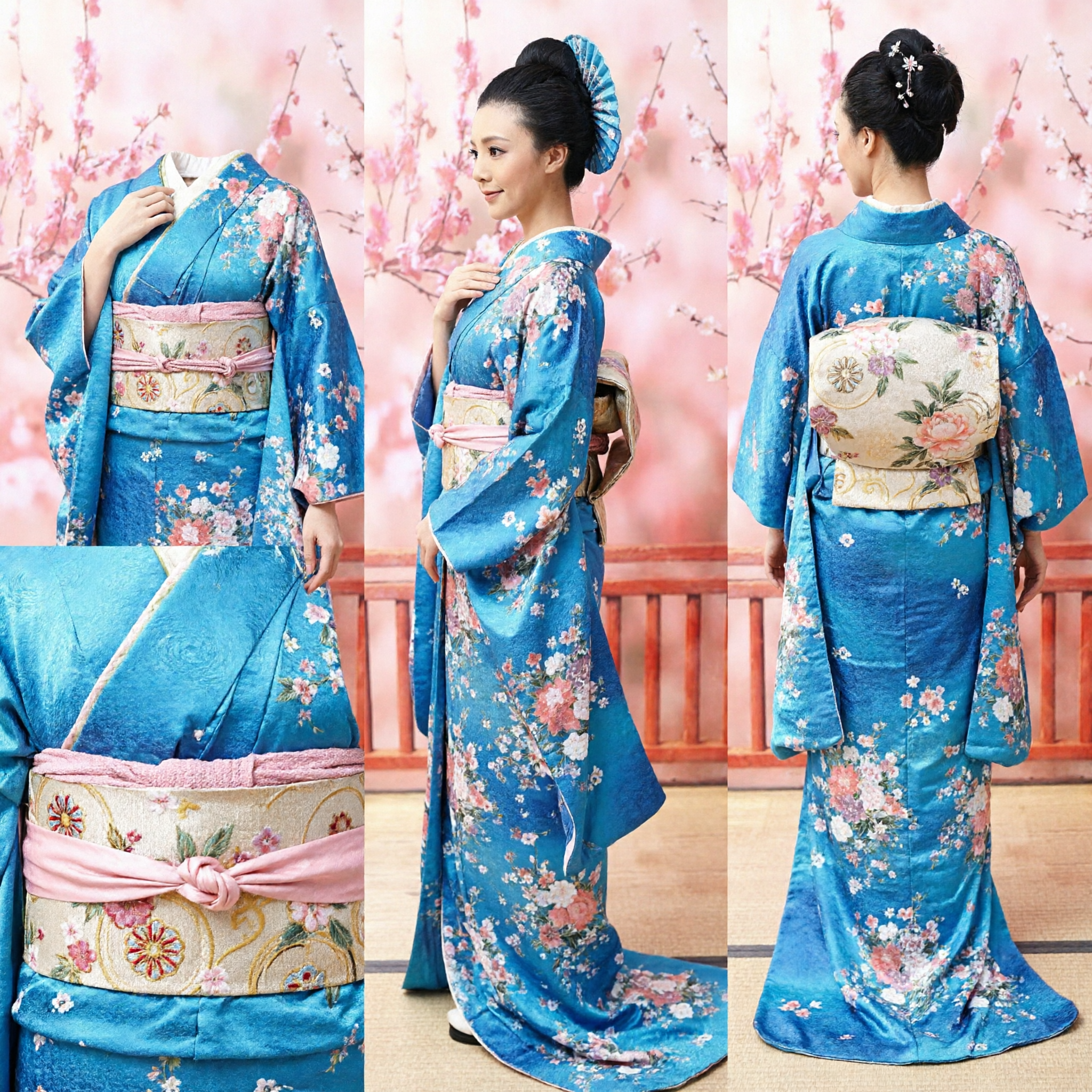 Elegante Kimono Giapponese Floreale Blu Costume Tradizionale per Donne per Performance di Danza Geisha e Festival Culturali - Asian Costume