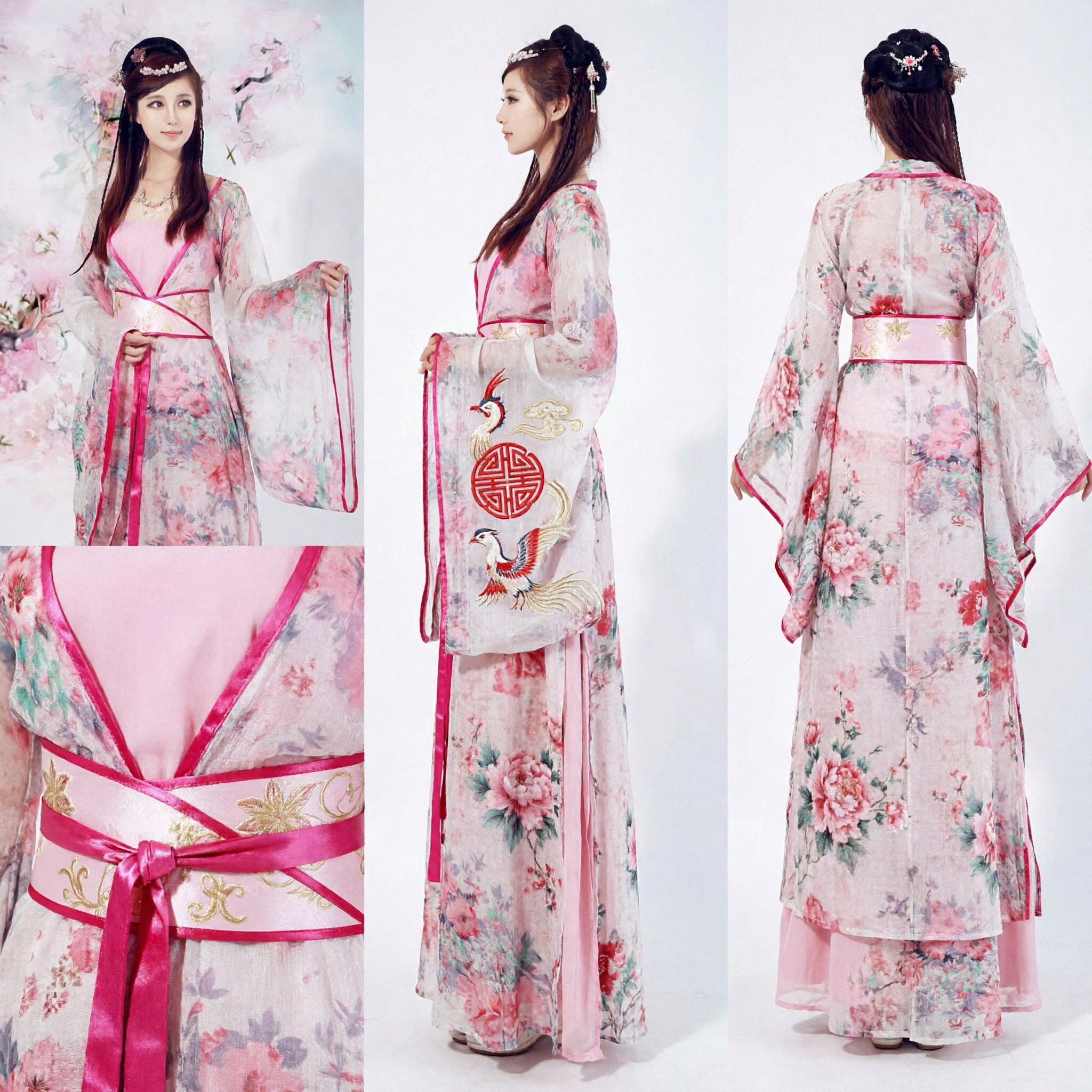 Vestido de Hada de la Dinastía Tang Chino Tradicional con Flores Rosas Elegantes, Traje Antiguo para Mujeres para Presentaciones - Asian Costume
