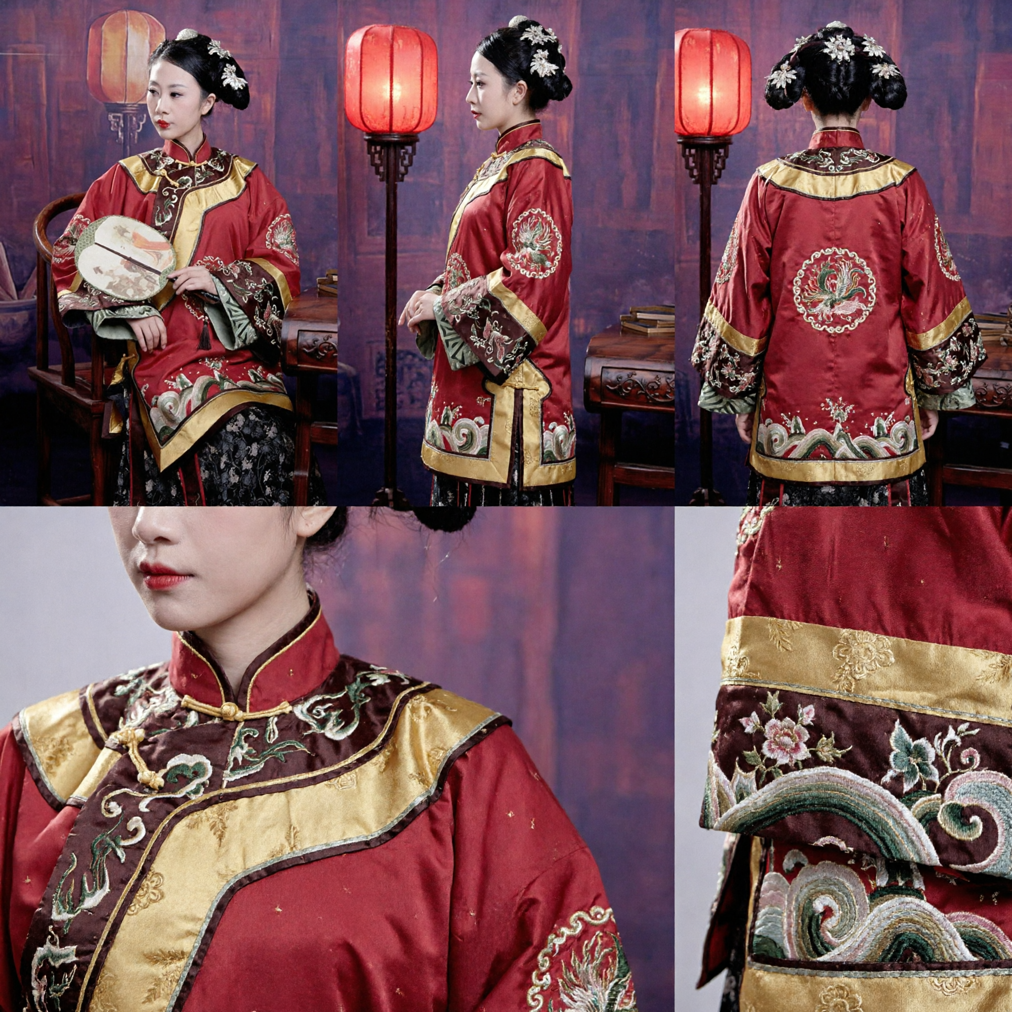 Costume traditionnel chinois de la dynastie Qing, ensemble veste rouge brodée et jupe noire à motifs floraux pour femmes, pour photographie Hanfu - Asian Costume