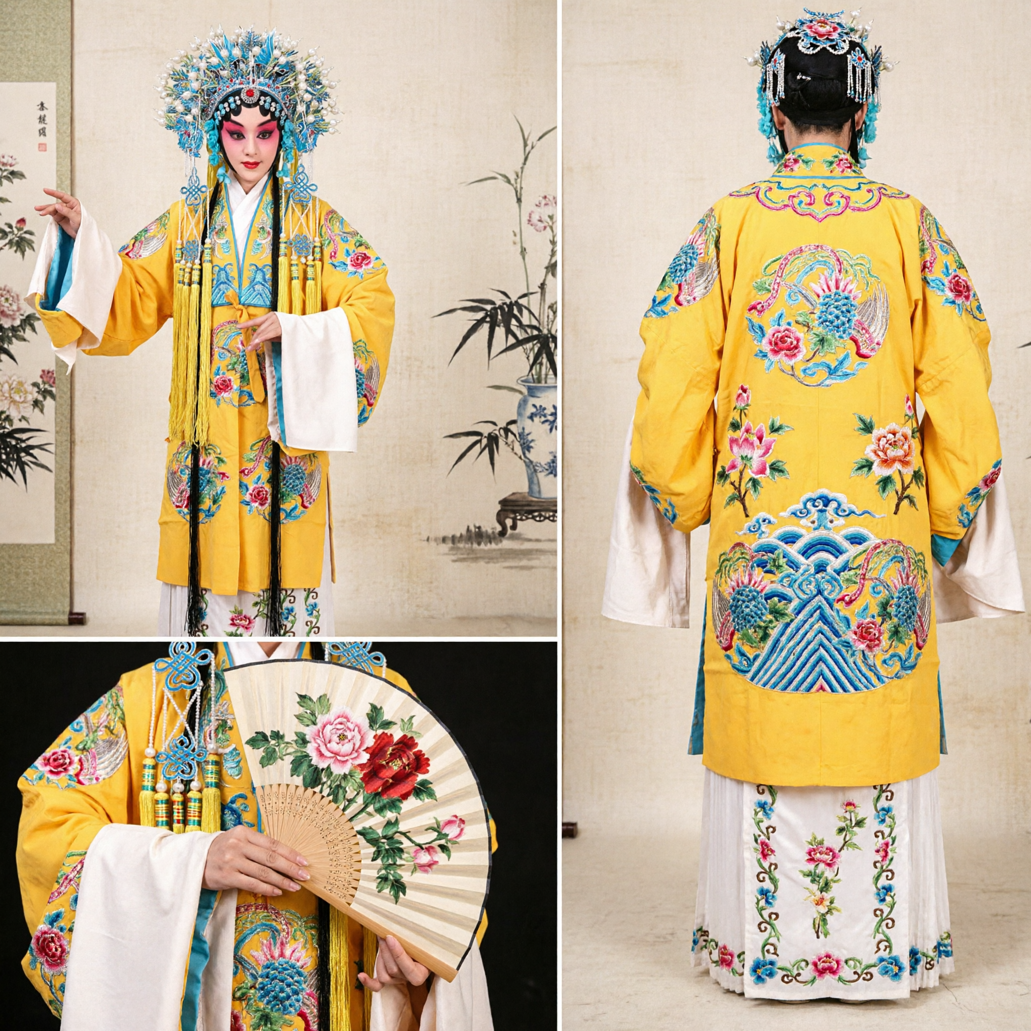 여성용 전통 중국 경극 의상, 화단(花旦) 노란색 로브, 봉황 머리 장식 및 부채 - Asian Costume