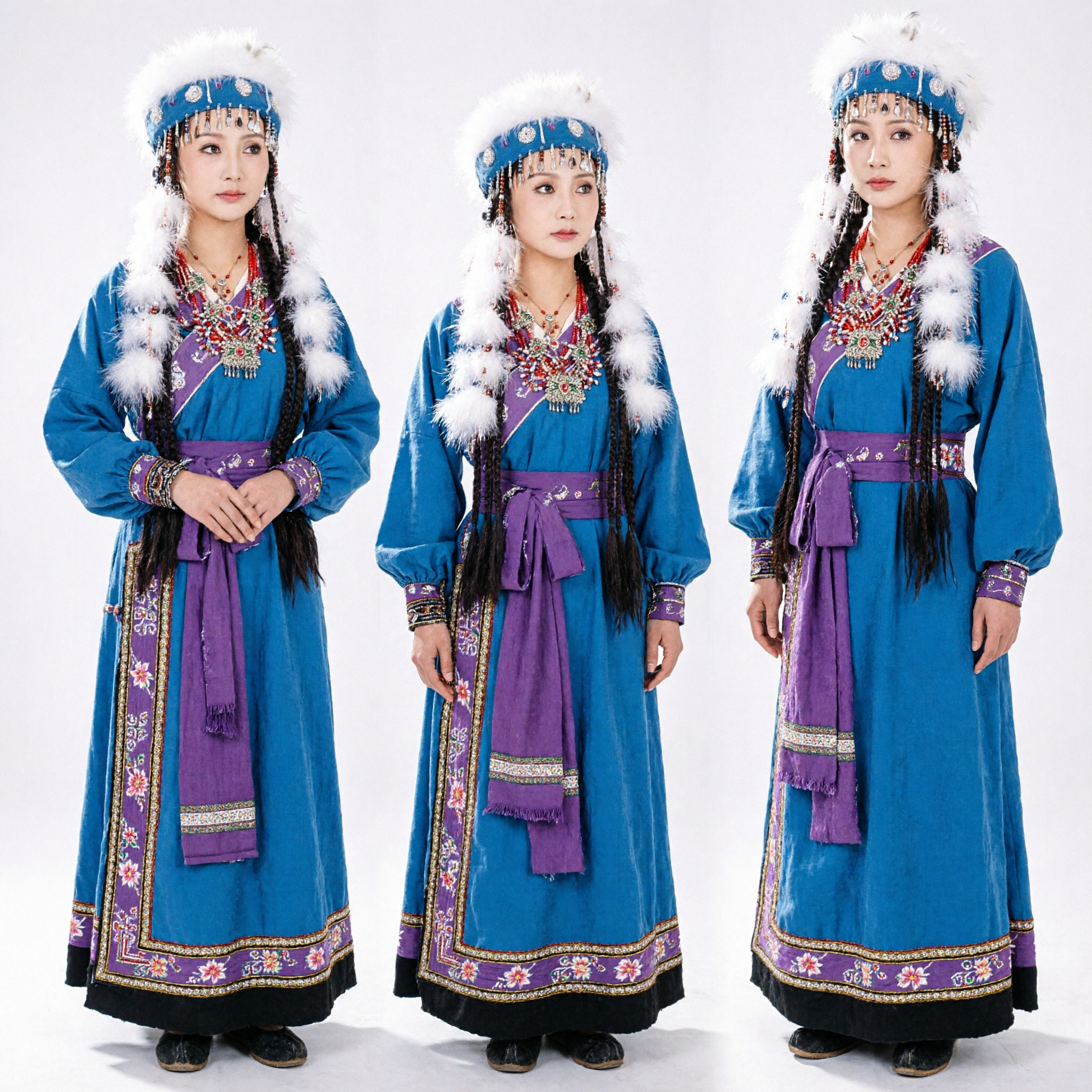 Traditionelles tibetisches ethnisches Kostüm für Frauen, blaues Gewand mit weißem Pelz-Kopfschmuck für kulturelle Auftritte - Asian Costume