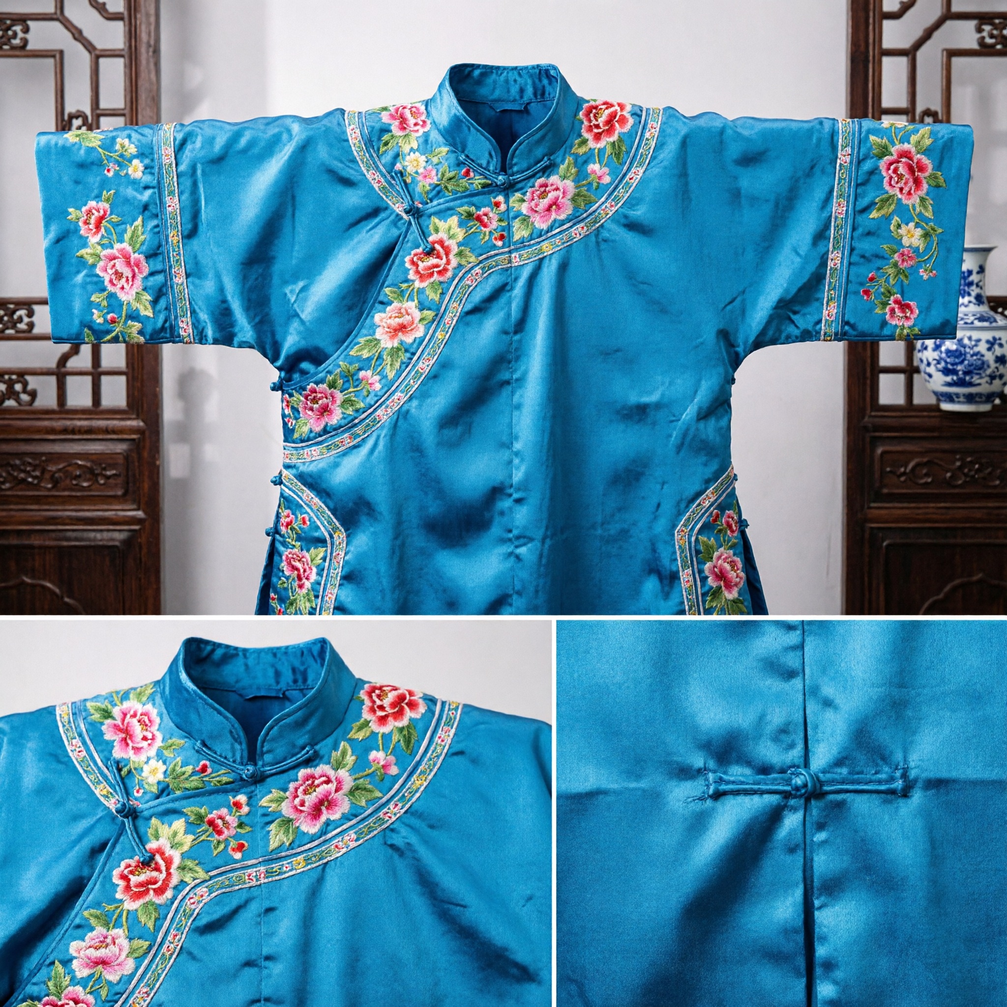 伝統的中国青い婚礼嫁入りスーツケースセット 刺繍鳳凰牡丹トランクボックス 花嫁の支度用 - Asian Costume