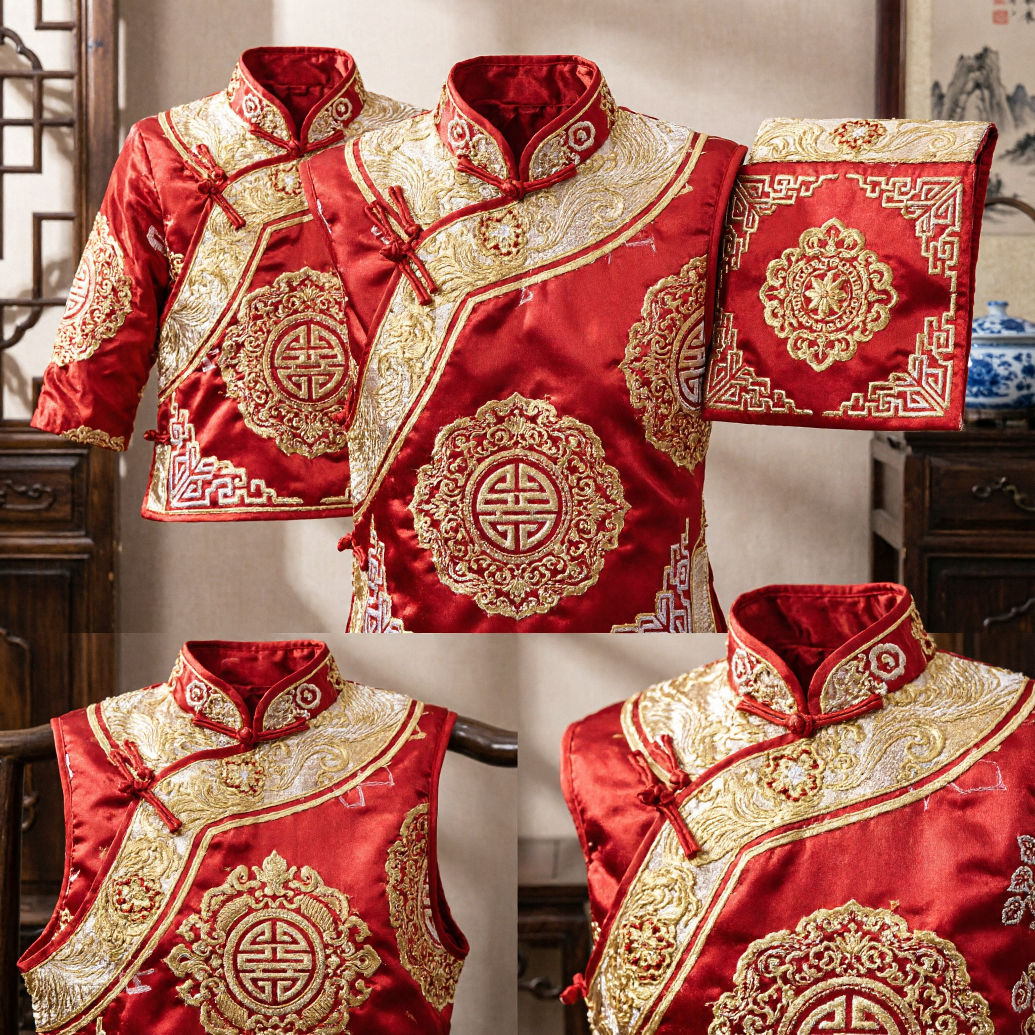 伝統的中国婚礼嫁入り箱セット 赤と金の刺繍宝石収納チェスト 花嫁贈答用 - Asian Costume