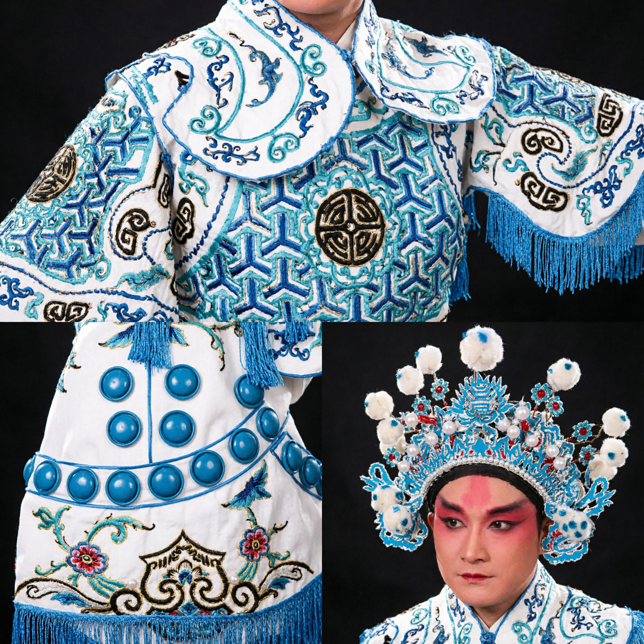 Traditioneel Chinese Peking Opera Wusheng Blauw Krijger Kostuum Complete Set met Hoofdtooi voor Podium Optreden - Asian Costume