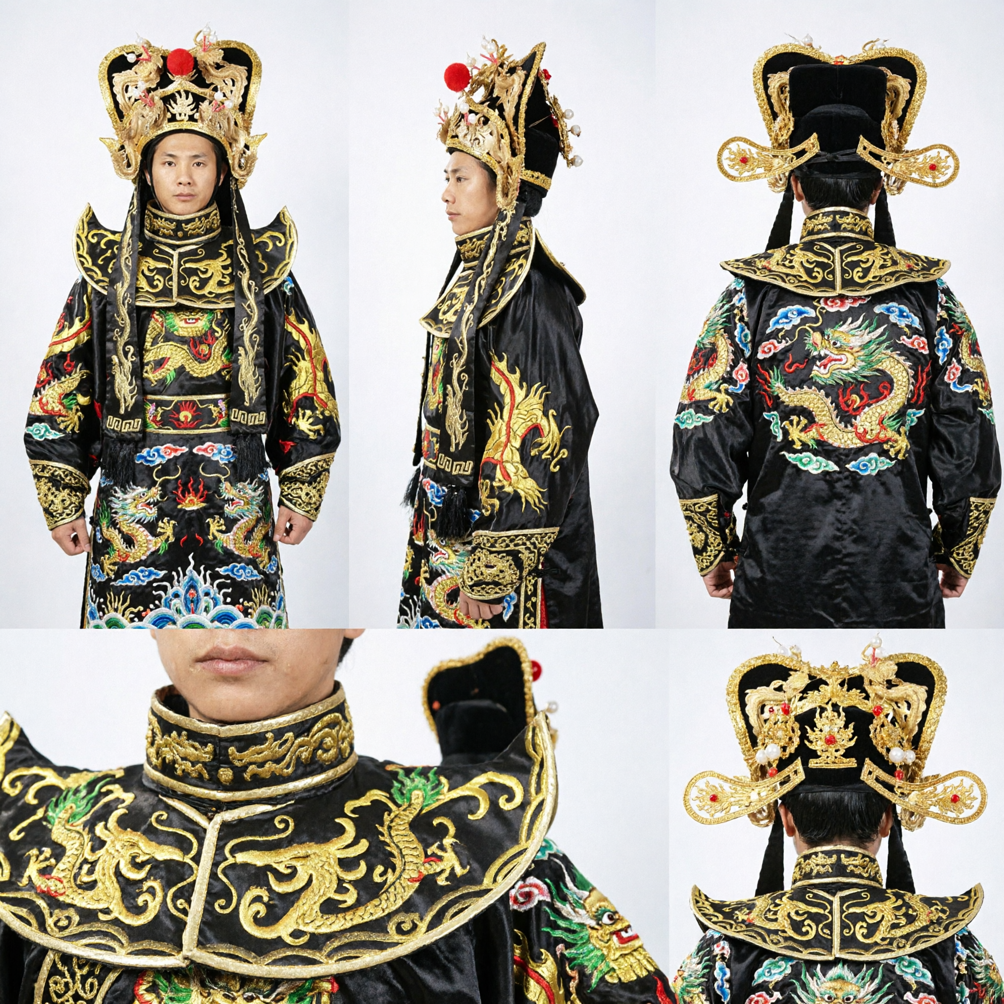 Costume d'empereur d'opéra chinois traditionnel, robe dragon noire avec chapeau couronne doré pour hommes en cosplay - Asian Costume
