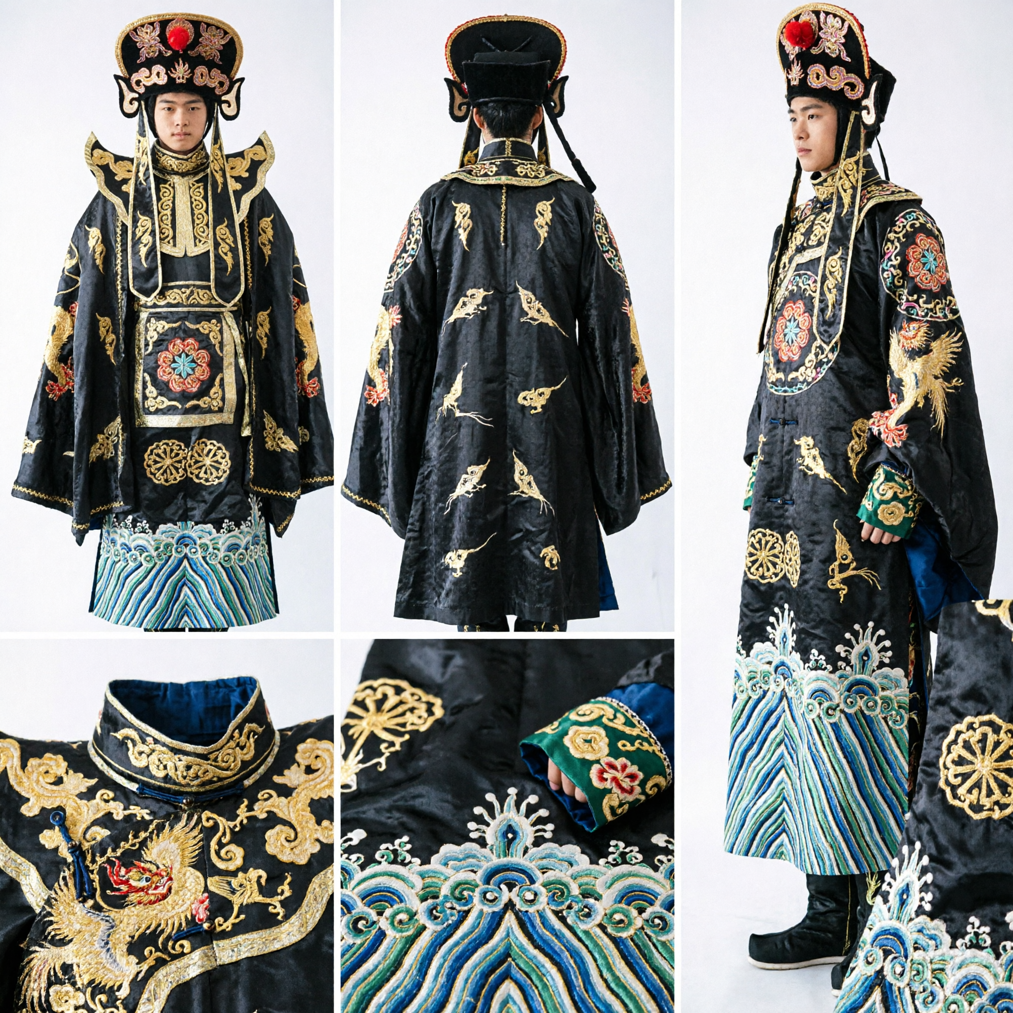 Costume traditionnel chinois d'empereur de l'Opéra de Pékin, robe du dragon noir et or avec chapeau pour hommes pour spectacle sur scène - Asian Costume