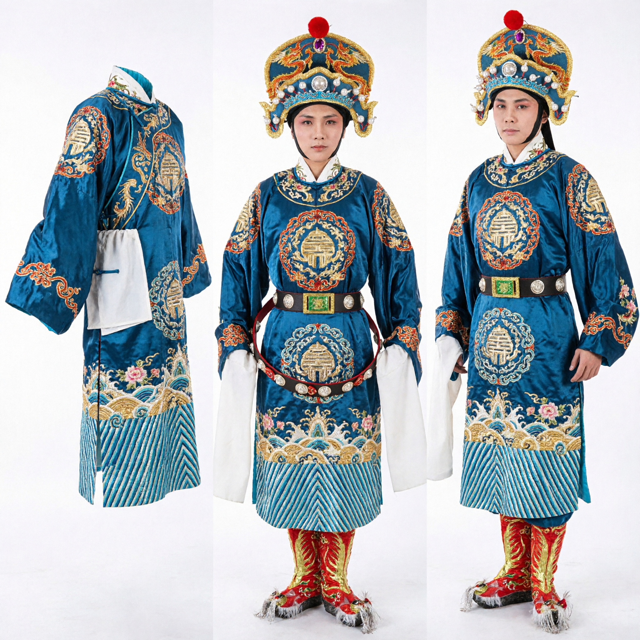 Mannen Blauw Chinees Opera Generaal Krijger Kostuum met Geborduurde Cape en Feniks Hoofdtooi voor Podiumoptreden - Asian Costume