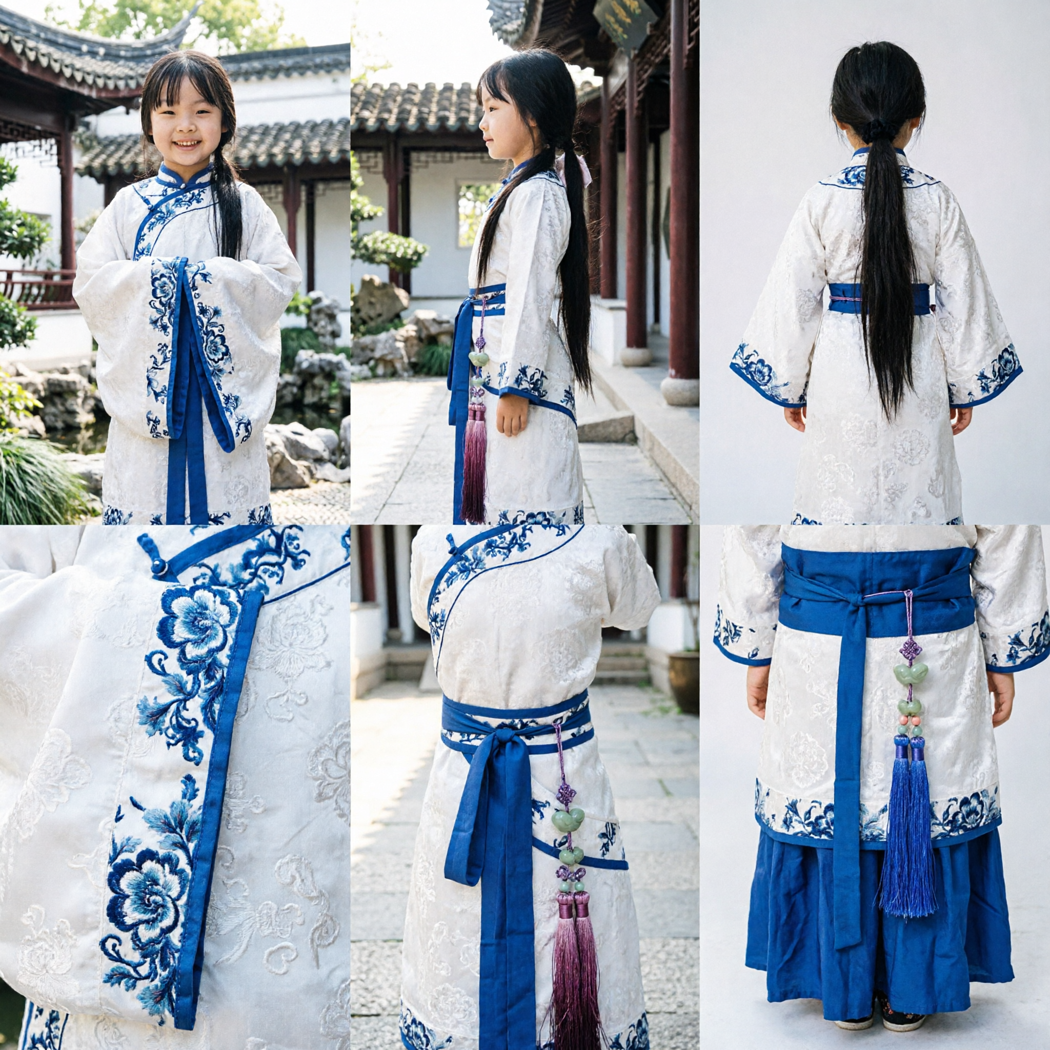 Traje Tradicional Chinês Hanfu para Meninas, Vestido Estilo Antigo com Estampa de Porcelana Azul e Branca para Performance Infantil - Asian Costume