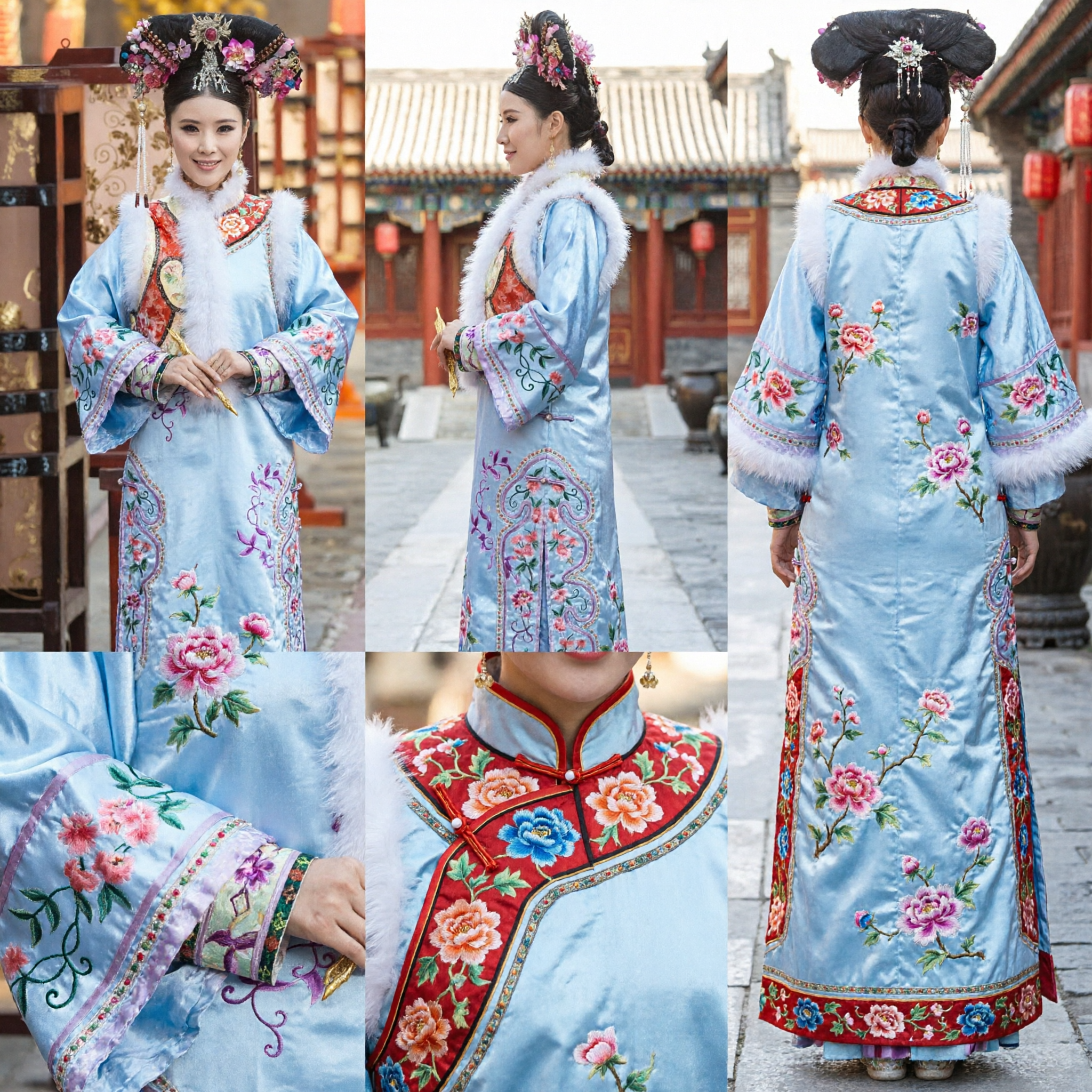 Costume de princesse mandchoue de la dynastie Qing ancienne traditionnelle chinoise, robe bleue brodée avec garniture en fourrure pour cosplay de femmes - Asian Costume
