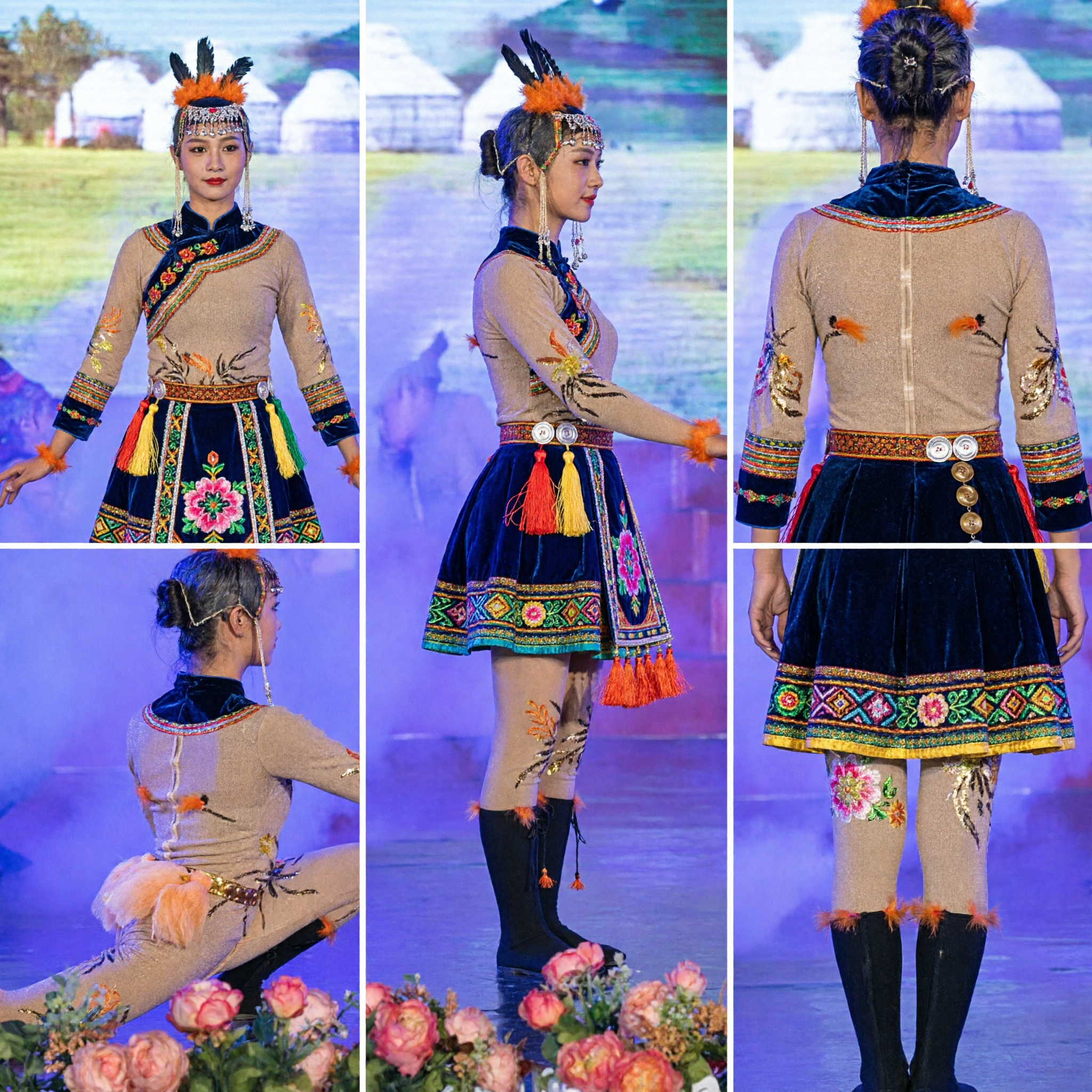 Traditional Mongolian Folk Dance Costume Beige Bodysuit Set with Boots for Women Stage Performance - Asian Costume