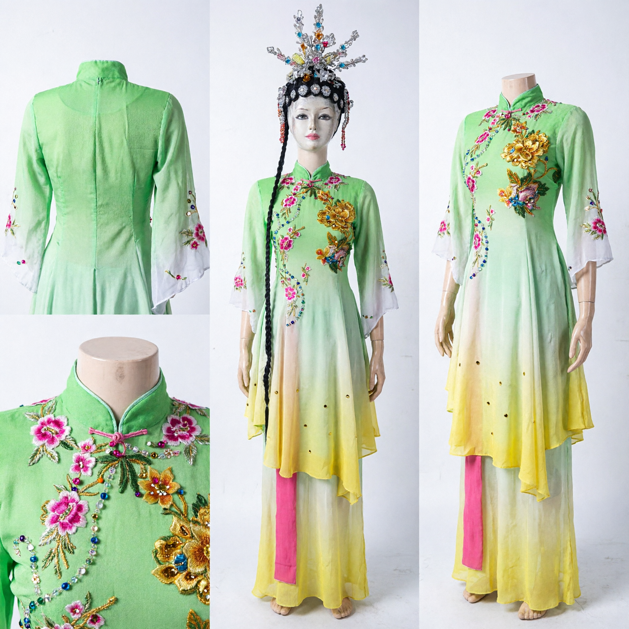 Costume Tradizionale Opera di Pechino Cinese Ruolo Dan Sfumato Verde Set Completo con Copricapo per Spettacolo Donne - Asian Costume