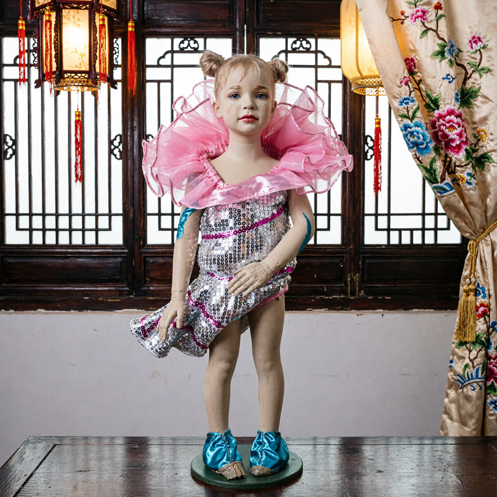 Estátua do Santo Niño, Figurino do Menino Jesus em Vestido Cintilante de Lantejoulas e Rendas Rosas para Altar Católico Doméstico - Asian Costume