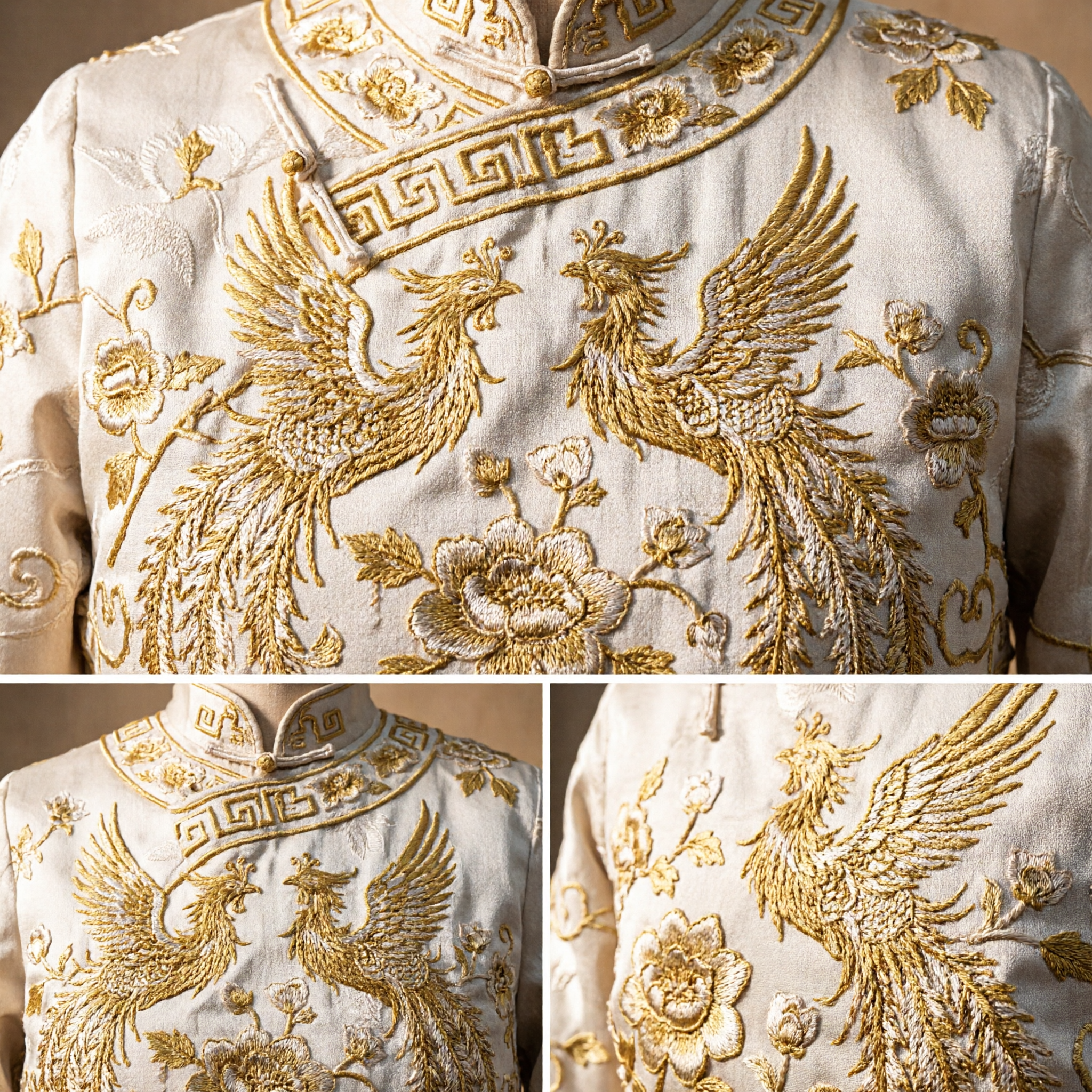 Traditional Chinese White Silk Brocade Fabric with Gold Phoenix Embroidery for Hanfu Cheongsam Wedding Dress DIY - Asian Costume