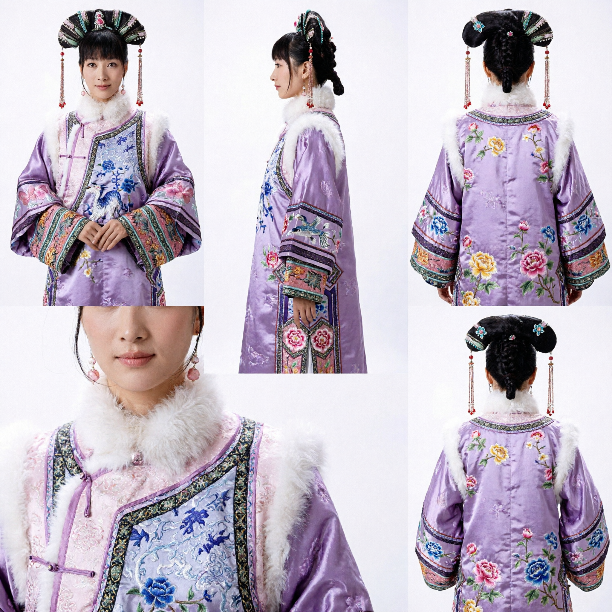 Tradycyjny chiński strój konkubiny z dynastii Qing, fioletowy kwiatowy płaszcz z futrzanym kołnierzem, antyczny strój na dramaty i cosplay - Asian Costume