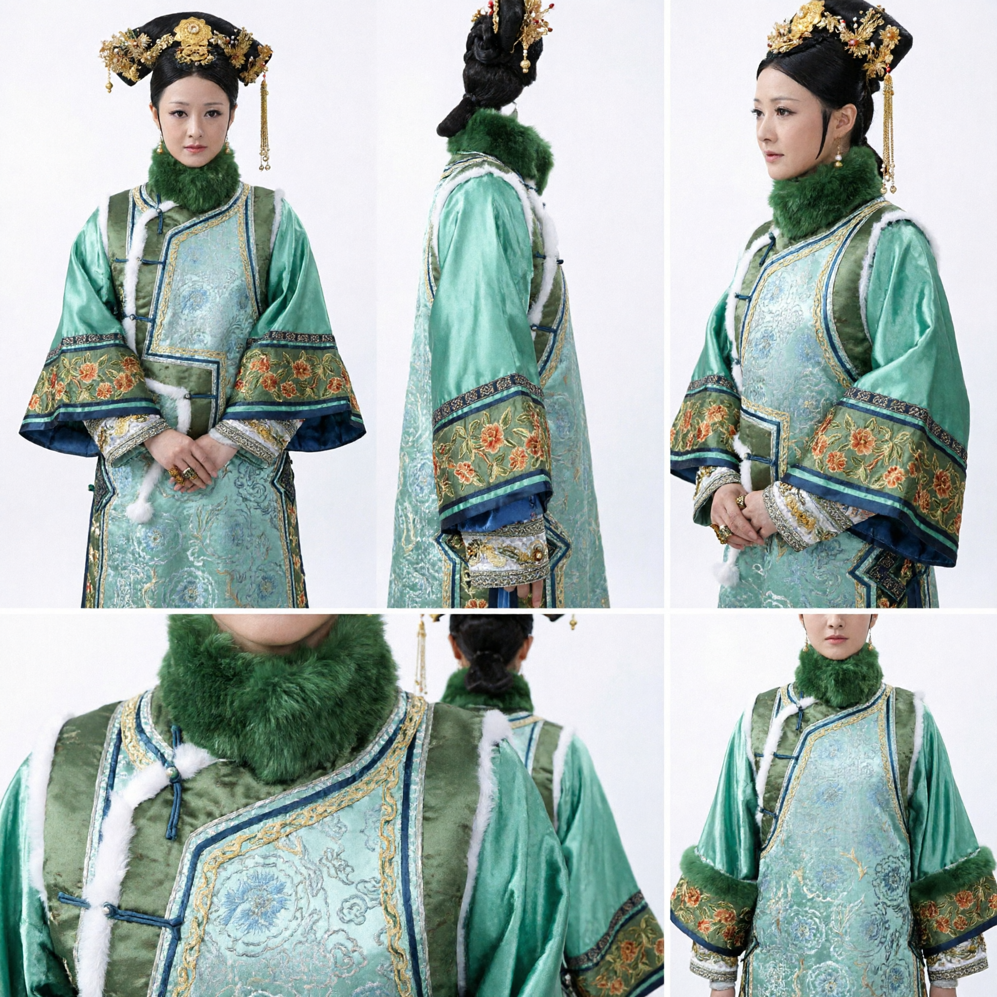 زي الإمبراطورة المساعدة القديم من عهد أسرة تشينغ الصينية - ثوب أخضر مطرز مع طوق من الفراء لعروض الكوزبلاي - Asian Costume