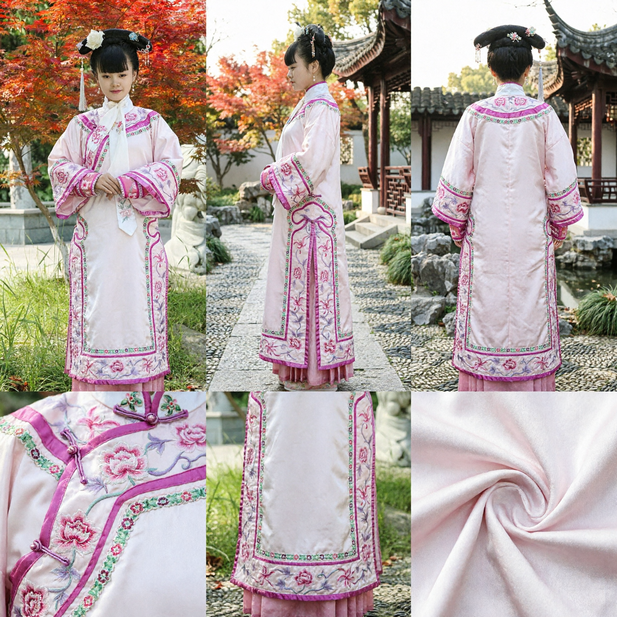 Traditionelles chinesisches Qing-Dynastie-Palast-Prinzessinnen-Kostüm Rosa besticktes Manchu-Kleid für Frauen Cosplay-Aufführung - Asian Costume