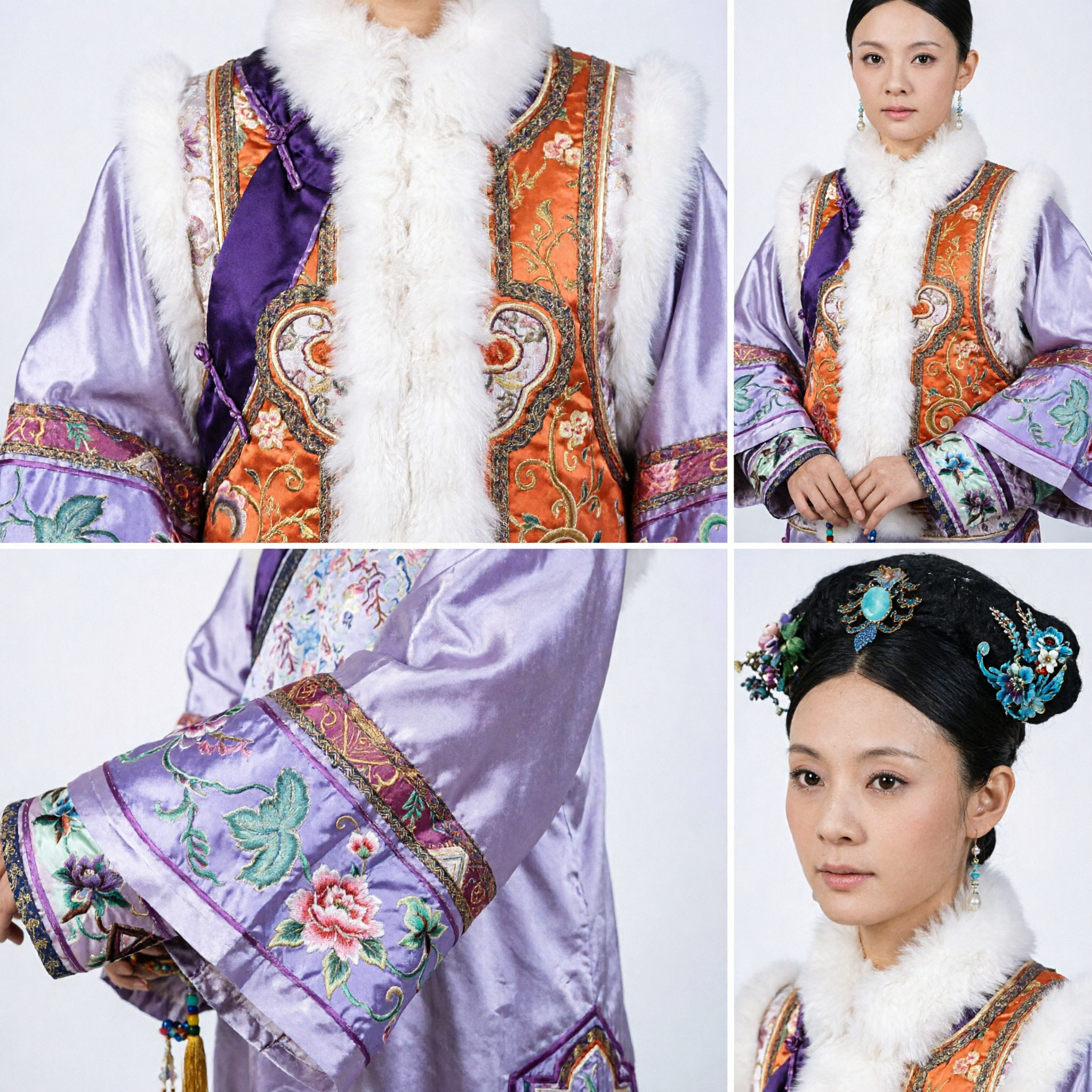Traje Tradicional Chinês do Palácio Manchu da Dinastia Qing, Robe de Seda Roxo com Aplicação de Pele para Cosplay Histórico Feminino - Asian Costume
